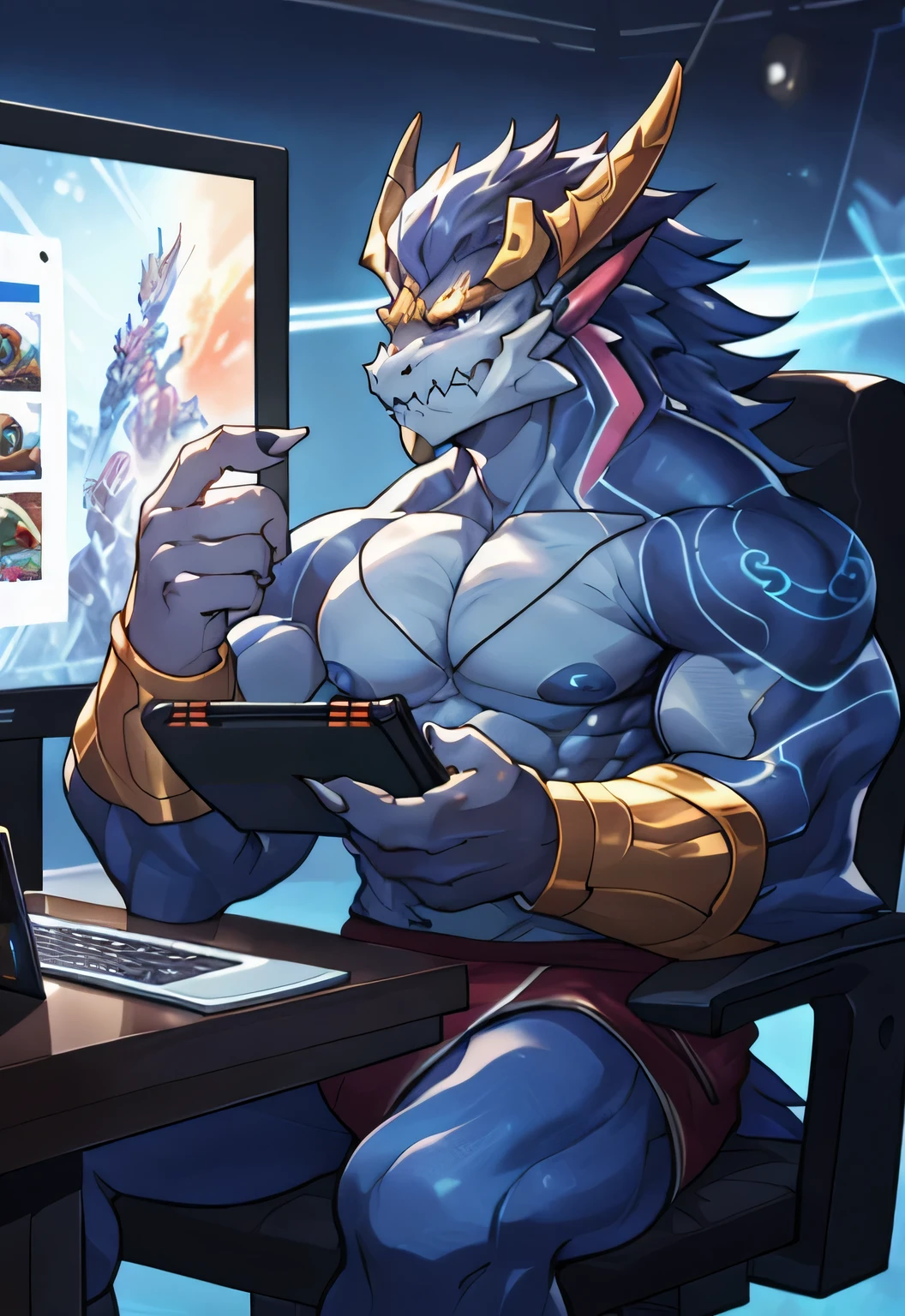 dragon,Anthropomorphic male dragon, Highlight the dragon angle,Highlight his muscular body and sharp claws, Showing the outline of the chest, abdomen, Stretch and Elegance, Delicate lace pattern glitters in the light. Keep your eyes on the screen，Play games with headphones，sit at the table，The background is the scene of the e-sports competition。dragon&#39;Tail, Long-lasting and powerful, 他sit at the table，Playing games with headphones on，Keep your eyes on the screen，Emphasizes his charming masculinity. dragon&#39;Keep your eyes on the screen，Play games with headphones，sit at the table，The background is the scene of the e-sports competition。