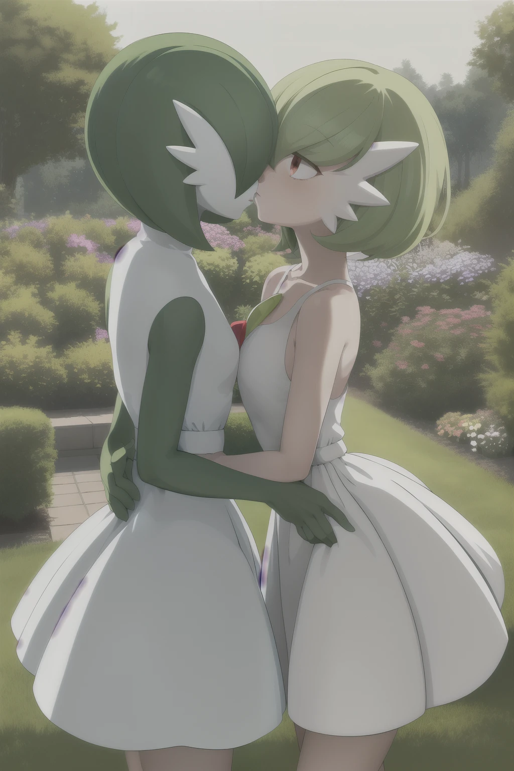 masterpiece, best_quality, 1girl, solo, gardevoir, white dress, creatures \(company\), game freak, nintendo, pokemon, pokemon \(game\), bangs, colored skin, feminine focus, big chest, big breasts, pokemon gen 3, green hair, green skin, hair over one eye, multicolored skin, pokemon \(creature\), red eyes, short hair, two-tone skin, white skin, garden, freckles, lesbians, couple, kiss, love