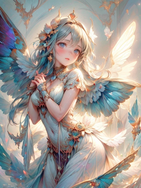 (flapping wings pose), (masterpiece:1.2, 16k, best quality, vibrant colors:1.2, ultra-detaile:1.2, photorealistic:1.37),soft light, 1girl with beautiful delicate butterfly wings(big wings,sparkling rainbow wings),beautiful delicate (eyes, lips), detailed patterns,
iridescent,delicate,gorgeous,ethereal,fluttering feathers,dreamlike scene,airy atmosphere,artistic interpretation,soft and feathery texture,light and airy composition,mesmerizing beauty,smooth and flowing lines,whimsical and magical elements,gentle and graceful movement