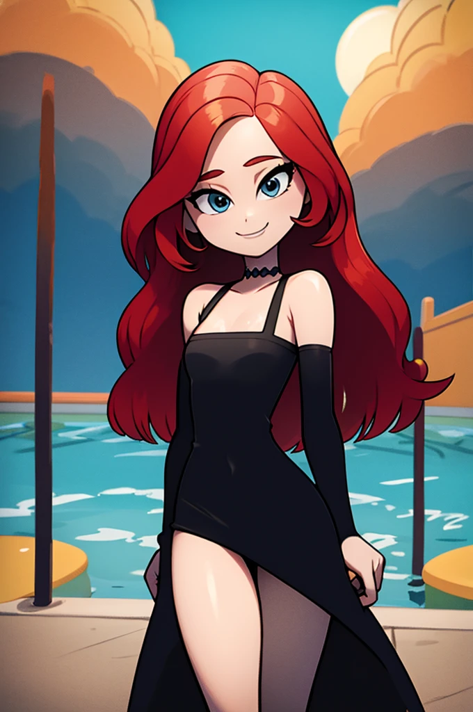 ruby, 1 girl, Teenage, Long Red hair, Medium Hair, Blue eyes, bare shoulders, little black dress, short black dress, skin-tight dress, cleavage, standing up, Smile, outside, swimming pool, sunset, Sexy, masterpiece, High quality. 2D illustration, 2D flat, Masterpiece, close up, 8K, HDR, portrait, arms at sides