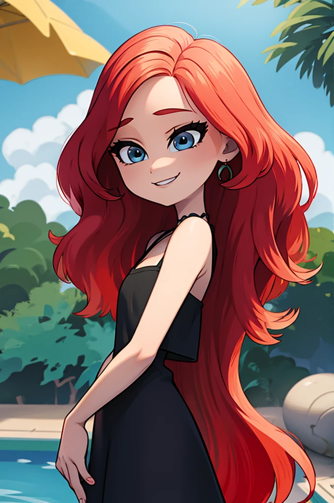 ruby, 1 girl, Teenage, Long Red hair, Medium Hair, Blue eyes, bare shoulders, little black dress, short black dress, skin-tight dress, cleavage, standing up, Smile, outside, swimming pool, sunset, Sexy, masterpiece, High quality. 2D illustration, 2D flat, Masterpiece, close up, 8K, HDR, portrait, arms at sides