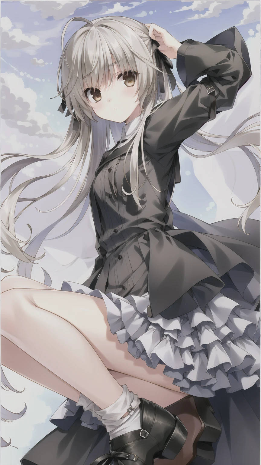 ((masterpiece:1.4, best quality)) ,Kasugano Sora,1 cool girl,Brown eyes,Plush Toys,Stuffed Animals,stuffed bunny,,Happy,eternal，Black knee-high socks Jane Shoes，Long black leather trench coat，Blue scarf，Somi，Pink ocean