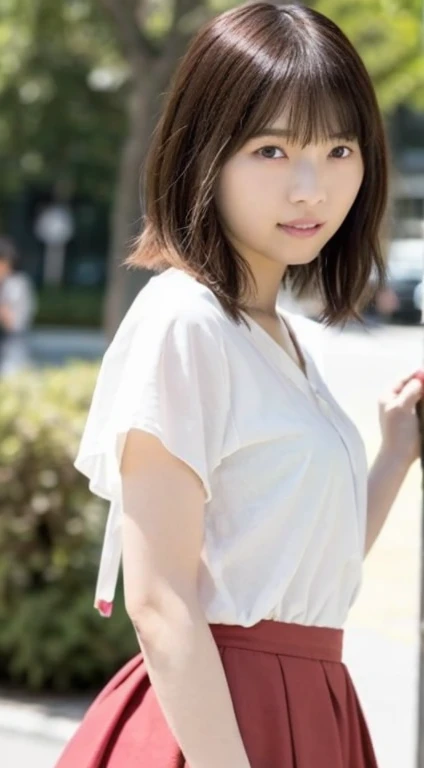 1girl.(RAW shooting:1.3)、(Photorealistic:1.3)、(masterpiece:1.3)、(highest quality:1.3)、Super detailed、High resolution、(Depth of written boundary)、(Detailed eyes)、(Detailed facial features)、(Detailed fingers)、(Detailed clothing features)、High resolution、8k、Skin Tightening、(Glowing Skin)、Landscape Gestic.Age 35、(Brown Hair)、(Medium Short Hair:1.5)、(Straight hair:1.3)、Hair blowing in the wind、avert your eyes、(Cowboy Shot:1.3)、(Dynamic pose)、(Smile)、blouse、Wide leg pants、Rich milk、Lens flare、Shining with colored light、Fantastic lighting、Forest rays、(Daytime cityscape, Busy Street, Expressing the vibrant charm of a bustling metropolis under the sun.)、