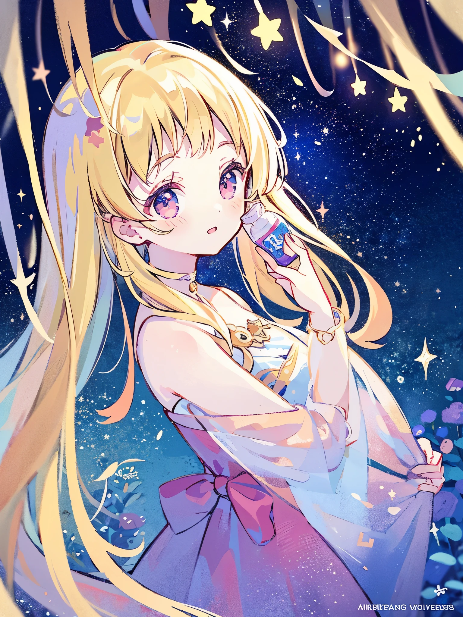 masterpiece, best quality, sharp focus, intricate details, complex background, wishing star background, a woman wearing an ethereal mystical pink translucent dress that reflects the stars, perfume promo art, mystic, complex drawing, highly detailed, Covergirl brand, promo art, artistic rendition, ethereal, starry night, midjourney style, perfection, golden ratio