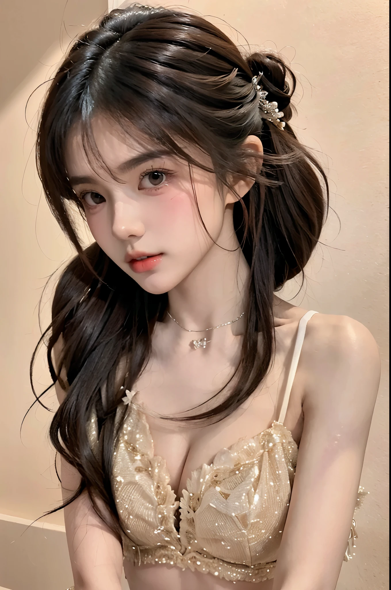 Beautiful woman with perfect body：1.4，Layered Hairstyle，Prominent cleavage，Highly detailed face and skin textures，Double eyelids，Skin Whitening，Long hair，Whitened long legs，************，Black bra