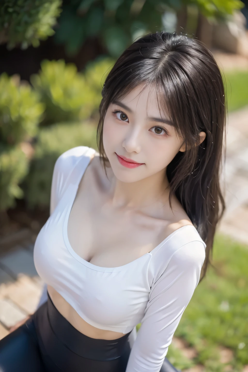 masterpiece, Best quality, Ultra-high resolution, High detail photos, Unity 8K Wallpaper, Extremely detailed CG:1.2), Depth of Field, Bokeh, (original photo:1.Realistic Photography:1.4), (1 Girl:1.5), young, Chinese Girl, whole body照, Physically based representation, fair, (Exquisite facial details:1.4, Detailed clothing), (detailed:1.4) named (Hidemi Fukada:1.1) rest Cara hermosa, Depth of Field, Add layer, hyper-realistic, , Perfect body model, Perfect breasts, Height 165 cm, Strike sexy poses, whole body, whole body, Dancer body type, rest (White tight cropped top, Black leggings:1.3), (long hair:1.2), doble parpado rest garden, Smile, (from above:1.5), Stick your butt out, Turbulent posture, Nipple protrusion, Nipple protrusion, Nipple protrusion, Small seam recessed