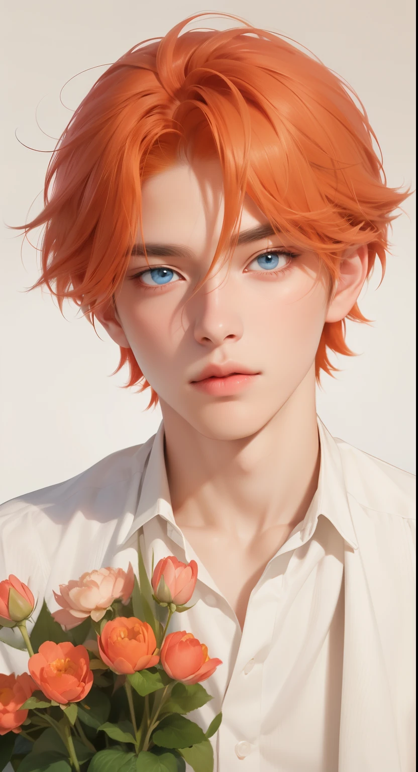 a close up of a person holding a bunch of flowers, orange - haired anime boy, beautiful anime portrait, red haired teen boy, high quality portrait, kawaii realistic portrait, cai xukun, anime style portrait, handsome guy in demon slayer art, inspired by Bian Shoumin, tall anime guy with blue eyes, realistic anime art style, highly detailed exquisite fanart