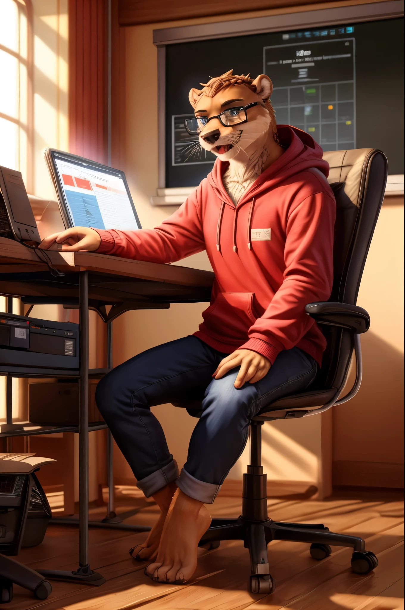 (((Barefoot furry character, full body, cinematic setting, furry male, plantigrade)))
computer class scene with a tech-savvy otter ((teacher)) wearing a hoodie and glasses, sitting at a computer desk surrounded by monitors and circuit boards. This otter represents the evil embodiment of ICT as a school subject, depicting stereotypes and prejudices towards ICT teachers.
BREAK, detailed background, 8K, (masterpiece:1.5), intricate details, highly detailed, extreme detail, octane render, fine art, best quality, highres, (detailed face:1.5), ((full_body)), UHD, (((perfect hands))), low light