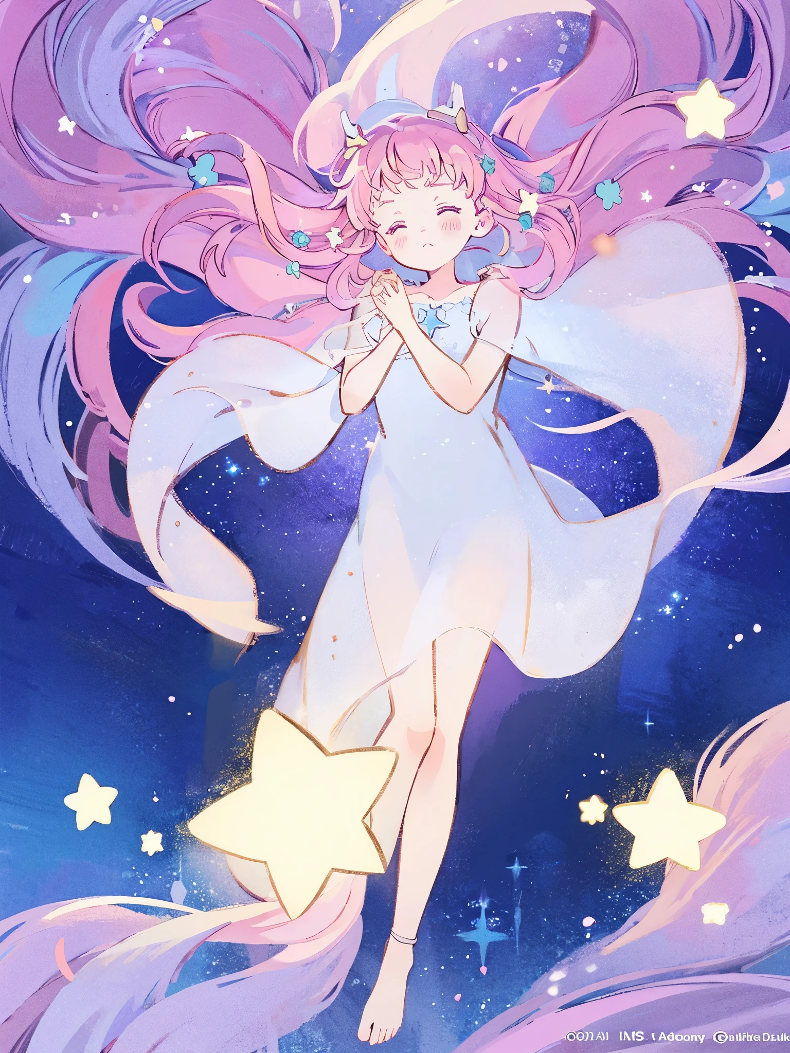 complex background, wishing star background, a woman wearing an ethereal mystical pink translucent dress that reflects the stars, perfume promo art, mystic, complex drawing, highly detailed, Covergirl brand, promo art, artistic rendition, ethereal, starry night, midjourney style