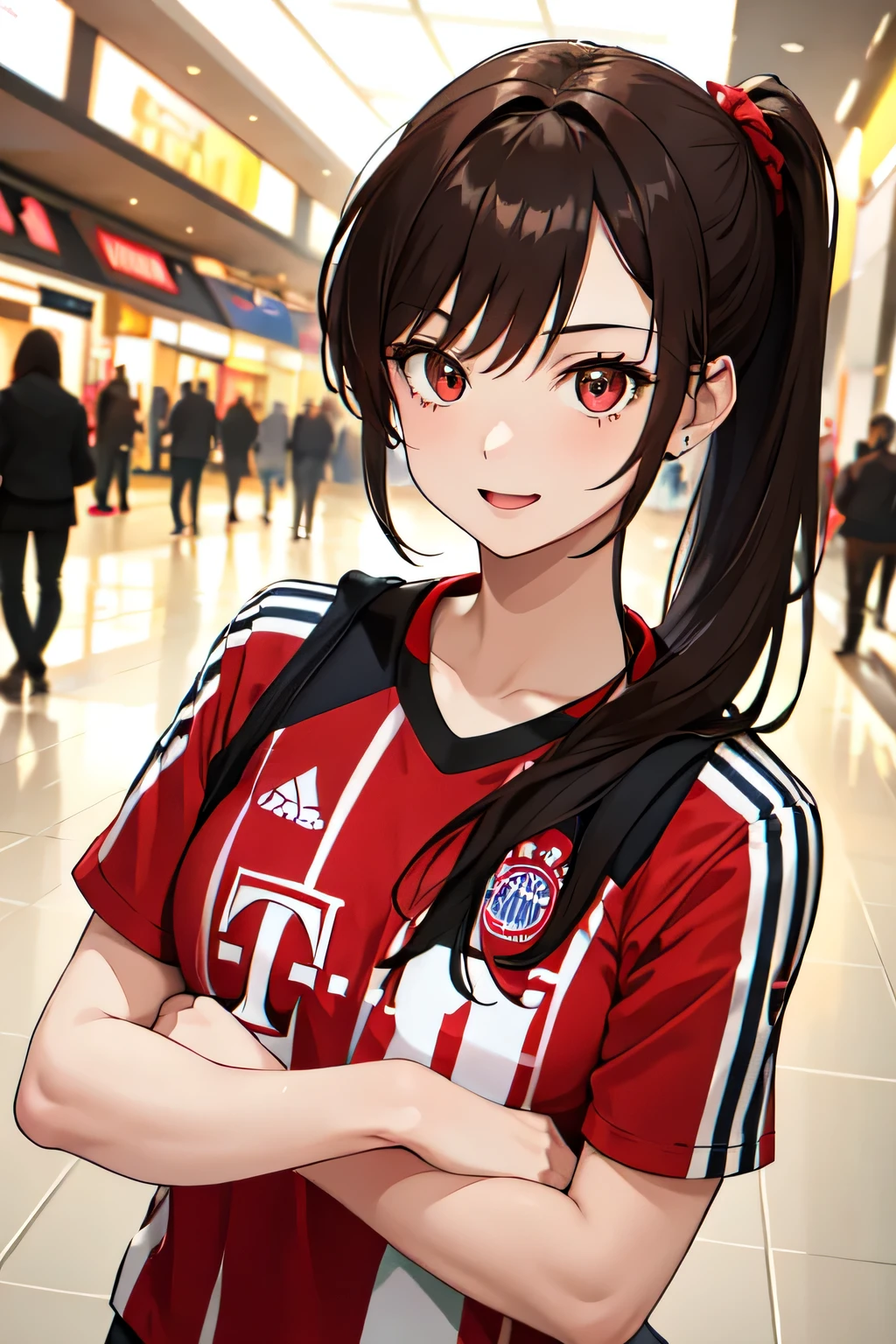 1girl,20y.o,Bayern Munchen Football jersey,brown hair,mullet haircut,long hair,ponytail hairstyle,light red eyes,Mall background, happy expression