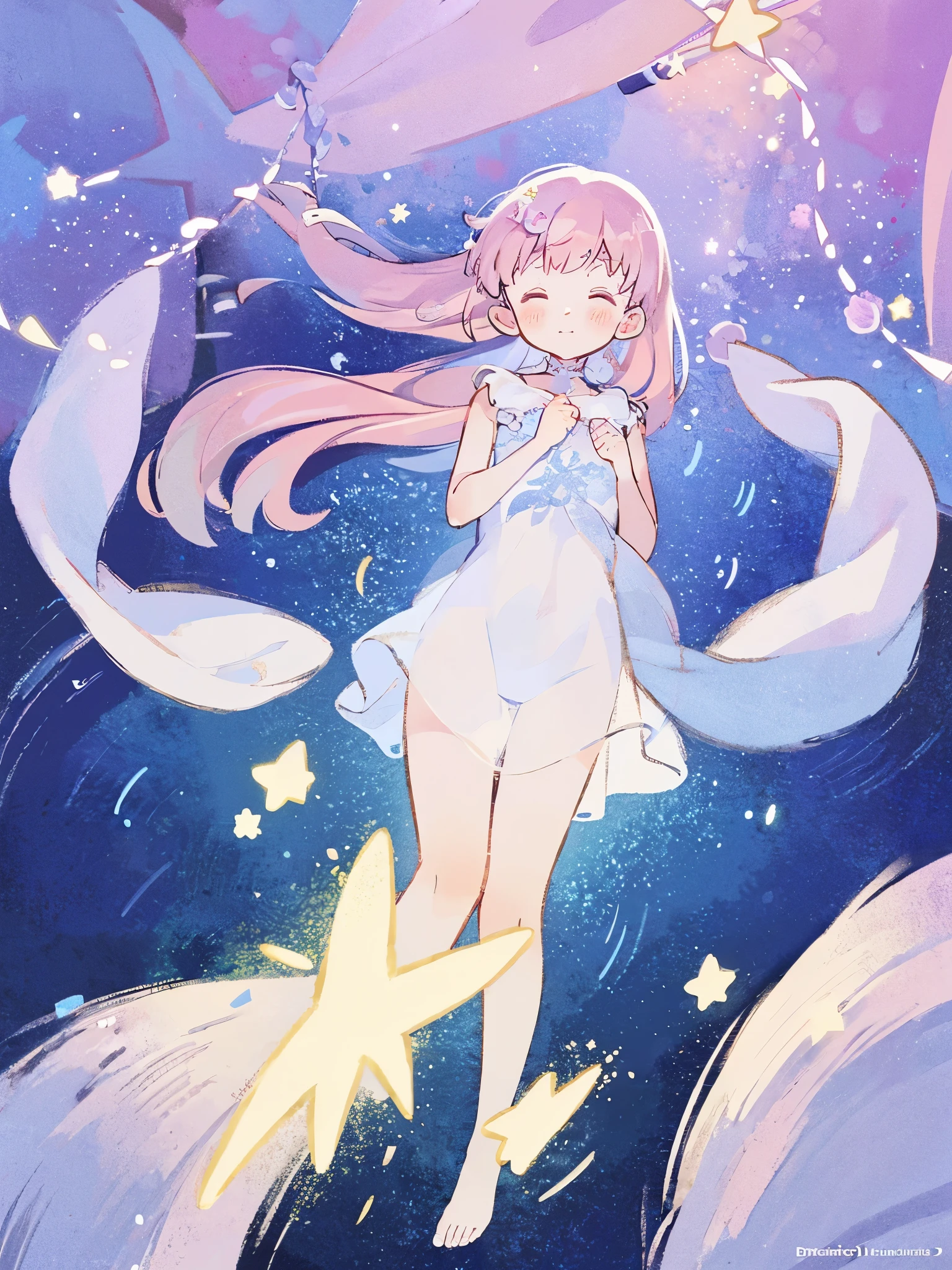 complex background, wishing star background, a woman wearing an ethereal mystical pink translucent dress that reflects the stars, perfume promo art, mystic, complex drawing, highly detailed, Covergirl brand, promo art, artistic rendition, ethereal, starry night, midjourney style
