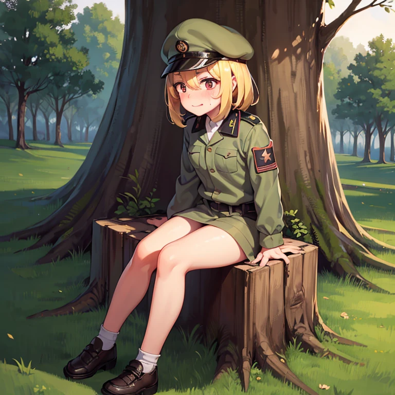 Chica, in soviet military clothing, sitting on a stump, viendo al espectador,(blushing with an expression of relief and nerves), pezones visibles, sin bragas, con lentes, con su gorro en la mano, cuerpo completo, pelo rojo, en un verano en el campo, 
