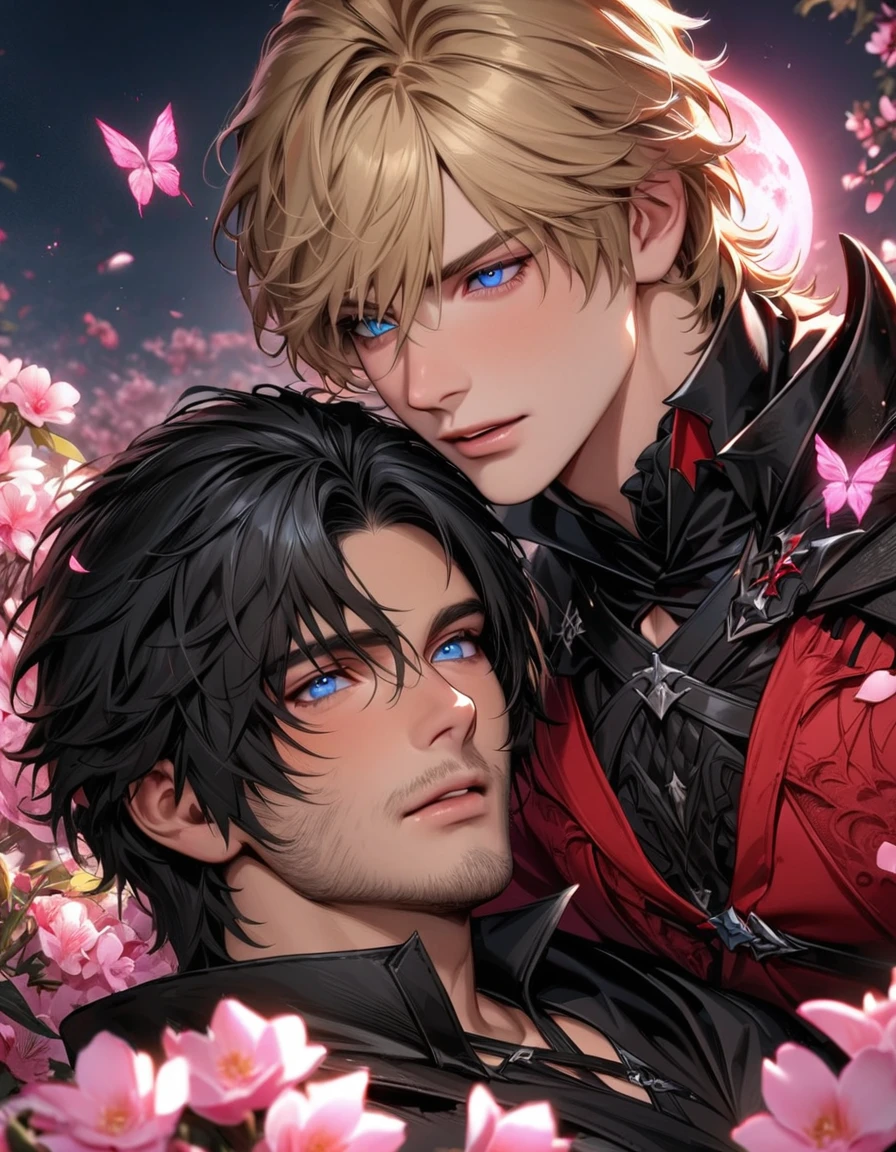 absurdres, highres, ultra detailed, HDR, master piece, best quality, Clive Rosfield, black hair, expressive blue eyes, Final Fantasy XVI, Joshua Rosfield, blond hair, expressive blue eyes, 2men together, gay, handsome, black and red clothes, pink petals, pink moon, pink flowers, pink butterflies, blossoms