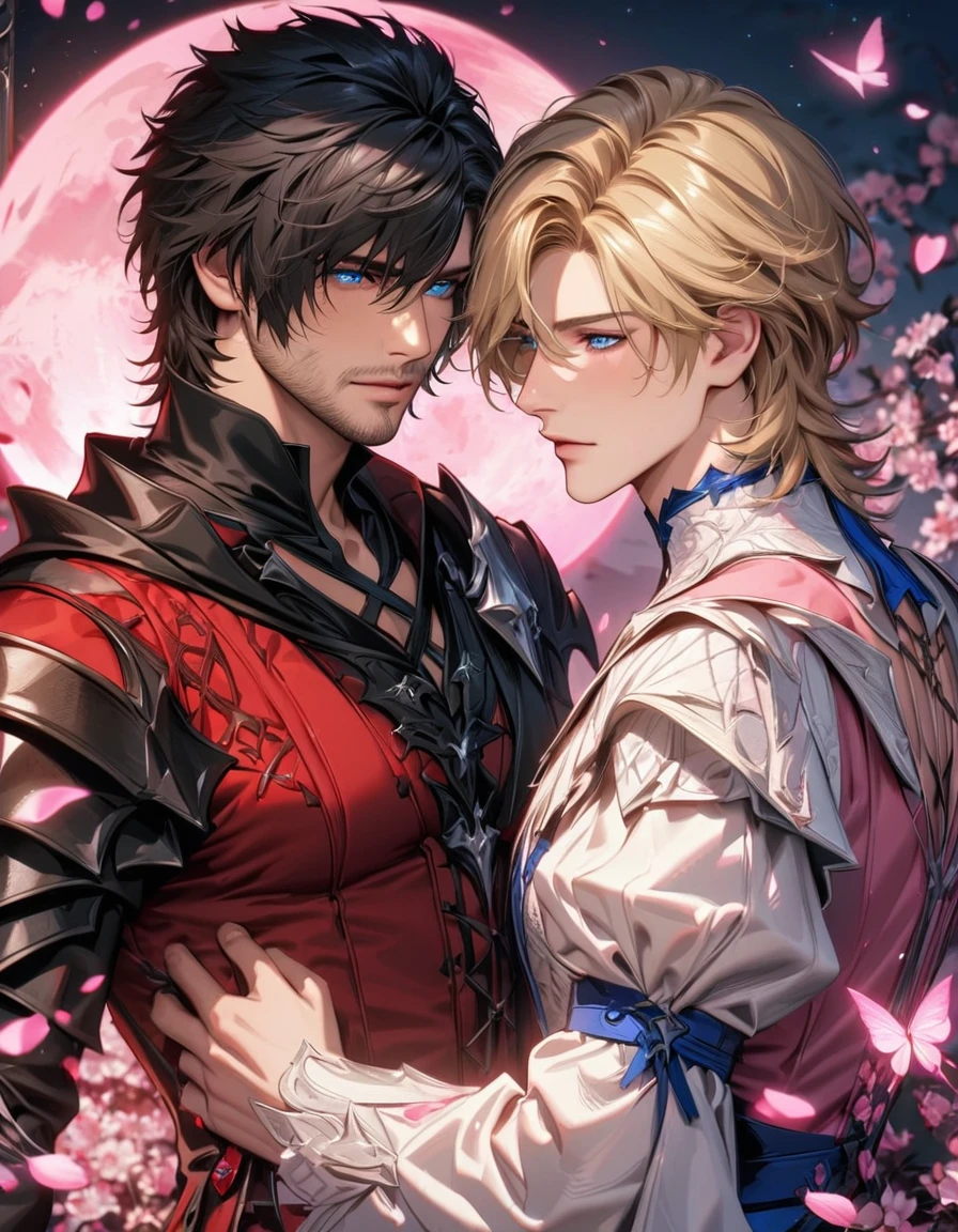 absurdres, highres, ultra detailed, HDR, master piece, best quality, Clive Rosfield, black hair, expressive blue eyes, Final Fantasy XVI, Joshua Rosfield, blond hair, expressive blue eyes, 2men together, gay, handsome, black and red clothes, pink petals, pink moon, pink flowers, pink butterflies, blossoms