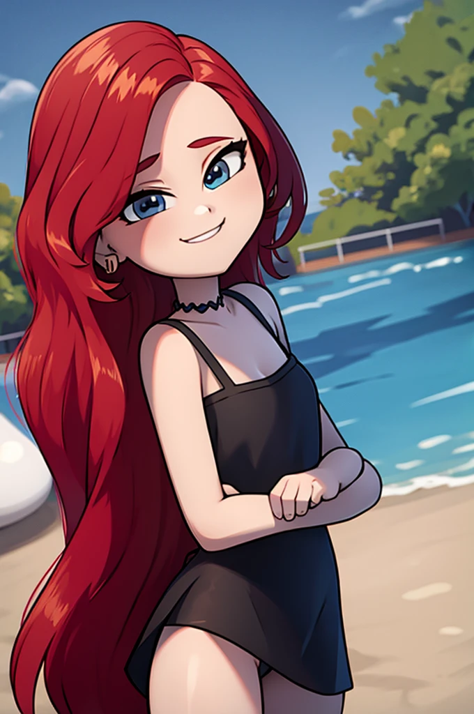 ruby, 1 girl, Teenage, Long Red hair, Medium Hair, Blue eyes, bare shoulders, little black dress, short black dress, skin-tight dress, cleavage, standing up, Smile, outside, swimming pool, sunset, Sexy, masterpiece, High quality. 2D illustration, 2D flat, Masterpiece, close up, 8K, HDR, portrait, arms at sides