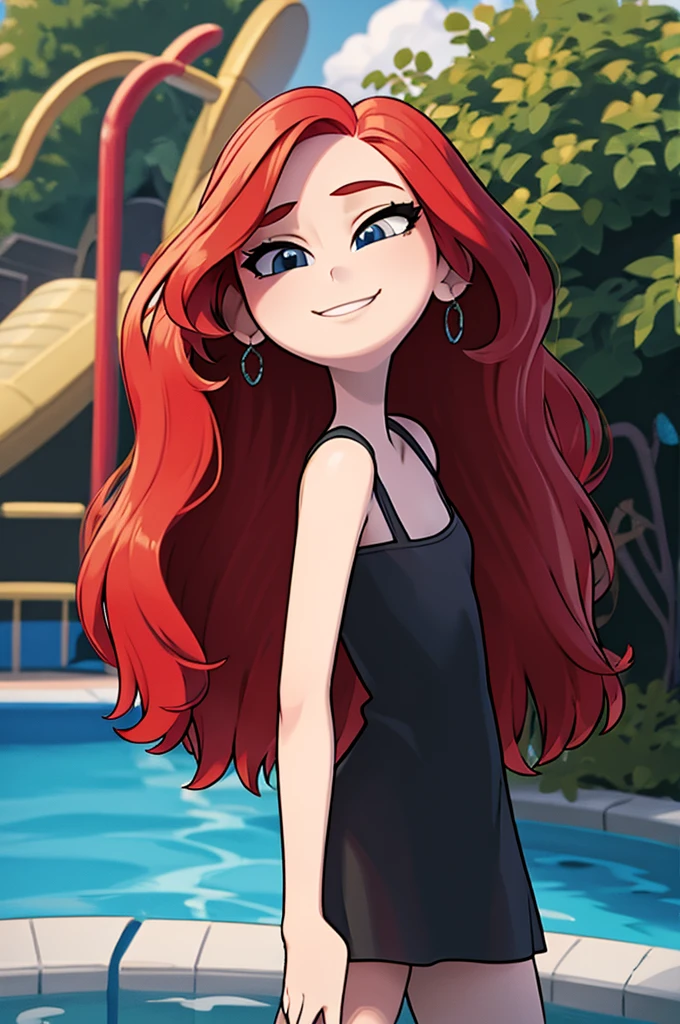 ruby, 1 girl, Teenage, Long Red hair, Medium Hair, Blue eyes, bare shoulders, little black dress, short black dress, skin-tight dress, cleavage, standing up, Smile, outside, swimming pool, sunset, Sexy, masterpiece, High quality. 2D illustration, 2D flat, Masterpiece, close up, 8K, HDR, portrait, arms at sides