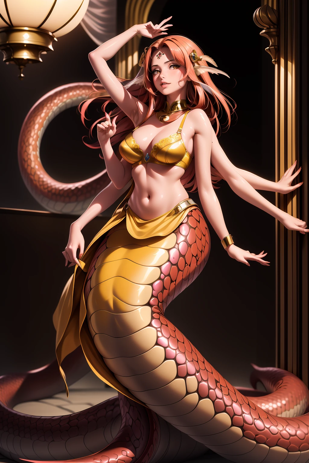 (lamia), (monster girl) , detailed snake skin, (detailed scales skin), (Elongated snake tail:1.3), red tail, red scales, ((Solo)), ((Masterpiece)) ,((High Quality)), ((Perfect Face)) ,((Beautiful)) ,((Round face)), ((Middle aged)) ,((Auburn hair)) ,((Long Hair)) ,((Cute Nose)) ,((Yellow Eyes)) ,((Dark Skin)) ,((bra)), ((pelvic curtains)) ,((Full lips)) ,Curvy figure, ExtraArms, extra arms, dancing, indoors, arabian house, curtains, hookah, pink smoke, pink fog,