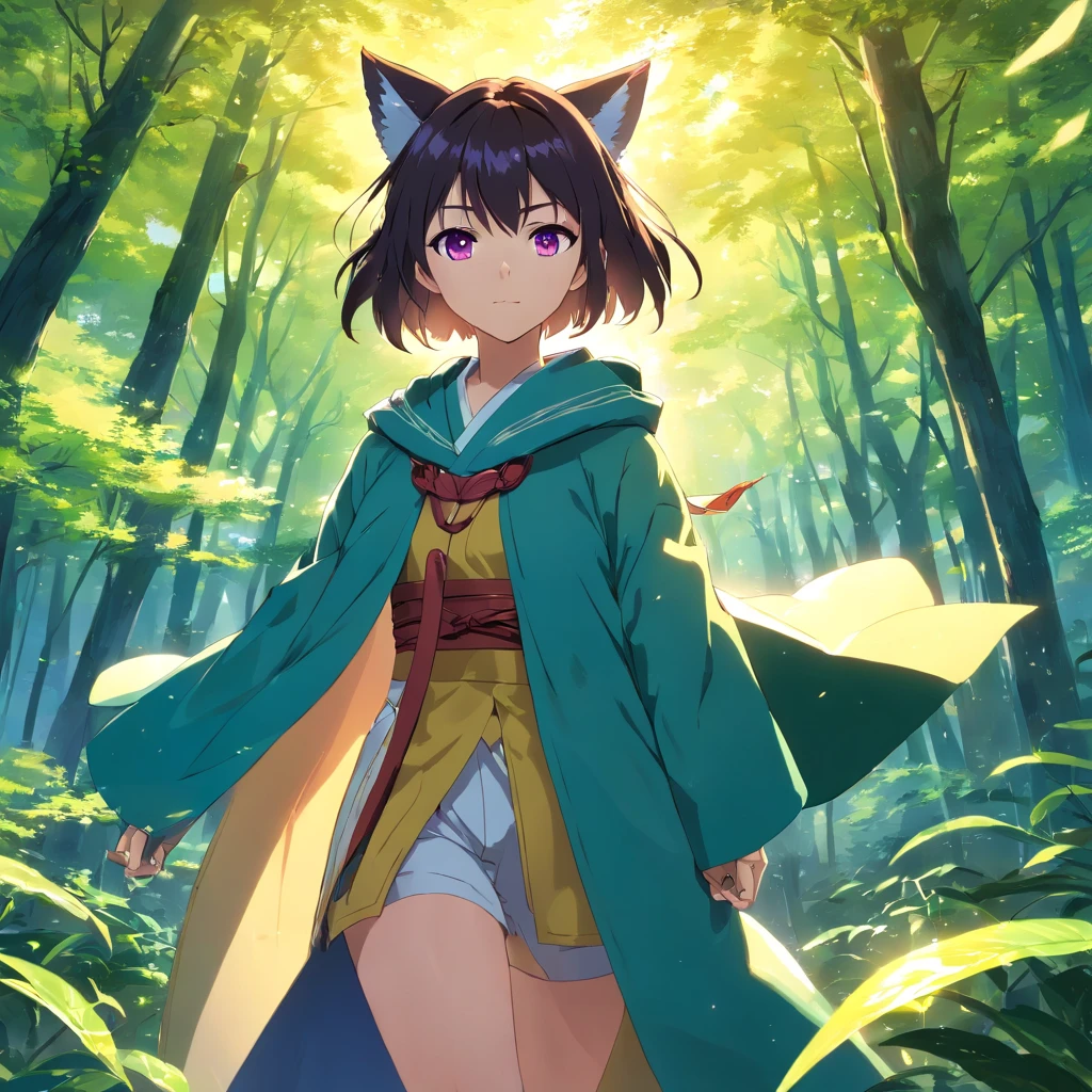 ((highest quality,8K,Uncertain resolution,16k, masterpiece: 1.3))professional, 4K resolution, With ears and a foxtail tail.,Attractive girl,In the middle of the forest, Every element is perfectly expressed,Detailed texture, Ears and tail are highly palpable,The sunlight falls on the leaves、The girl's face is gently illuminated, Delicate and attractive look,Wearing a futuristic sword and Petra costume、Anime-style samurai girl with purple eyes and black hair wearing a cloak, 都市Anime Style,Scarlet Nexus, Grand Possession, Azure Dragon type power activation,8k Ultra HD, HDR,Unique Design,One and only,A magnificent composition,One Scene,Anime Style,Studio Lighting,Ultra Wide Angle,Original elements,Full body description,Dynamic Angles,Symbolism,Dynamic Lighting,Professional Color Grading,Creative,Extreme detail,Glow effect
