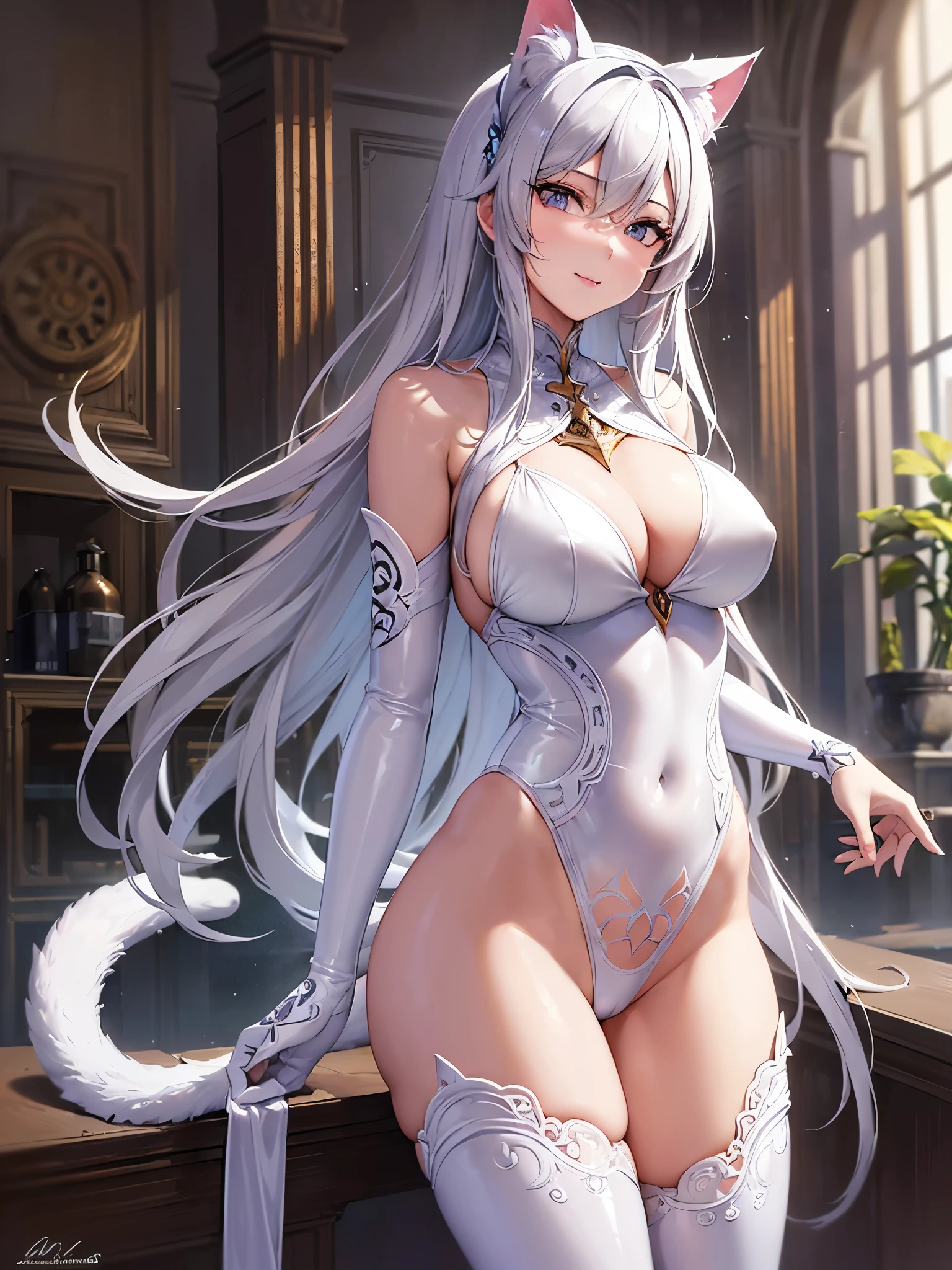 ((highest quality)),(Ultra-high resolution),(Very detailed),(Detailed Description),((The best CG)),(A masterpiece),Ultra-precise art,amazing drawing art,(Fantasy art with intricate detail:1.5), (woman:1.7),(Beautiful and well-proportioned face:1.6),Smile 1.6, (Cat Ear Band:1.5),(White latex high leg bikini catsuit:1.6),