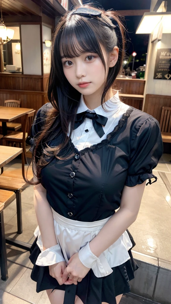 muste piece, best quality, illustration, Super detailed, fine details, High resolution, 8K,wall paper, perfect dynamic composition,(Details High quality, realistic depiction of eyes:1.3), waitress uniform, restaurant, large breasts, short bob hair、black hair color, Big Natural Color Lip, bold sexy pose, crying a little、cold gaze, Harajuku style、20 year old girl、cute type、ta、beautiful legs, gravure idol, Voluptuous thighs, large hip
