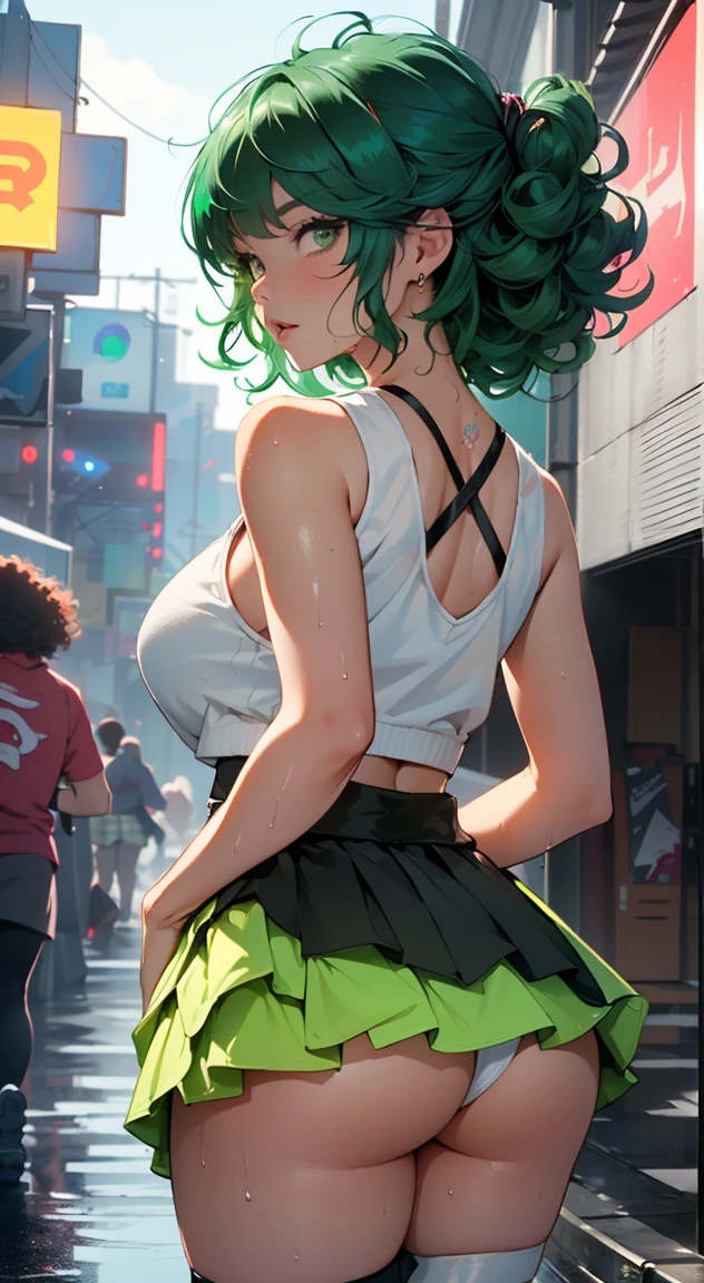 girl youtuber,(((1girl))),((extremely cute and beautiful green curly-haired girl)),

(Large breasts:1.4),(((huge ass:1.2))),(((green curly hair:1.35,very curly hair,colored inner hair,ear breathing,short hair))),(((green_eyes:1.3))),intricate eyes,beautiful detailed eyes,symmetrical eyes,big eyes:1.3,((fat)),(((lustrous skin:1.5,bright skin: 1.5,skin tanned,shiny skin,very shiny skin,shiny body,plastic glitter skin,exaggerated shiny skin,illuminated skin,wet legs))),detailed body,(detailed face),

cute,slutty,seductive,erotic,(((nsfw))),

zettai ryouiki, revealing clothing, show skin,(((rave mini-skirt:1.7), skin tight skirt, visible thong straps, white loose tank top with an anime art print)),((wet clothes, intricate outfit, intricate clothes)),

(dynamic pose:1.0),embarrassed,(centered,scale to fit dimensions,Rule of thirds),

cyberpunk city by the ocean at night, with bright neon signs and dark stormy clouds and puddles, scenery:1.25,

artistic photography,(photography taken by sldr),highres, sharp focus, (ultra detailed, extremely detailed), (photorealistic artwork:1.37),(extremely detailed CG unity 8k wallpaper),((synthwave background theme)),(((vibrant colors))),(intricate background),(masterpiece),(best quality),