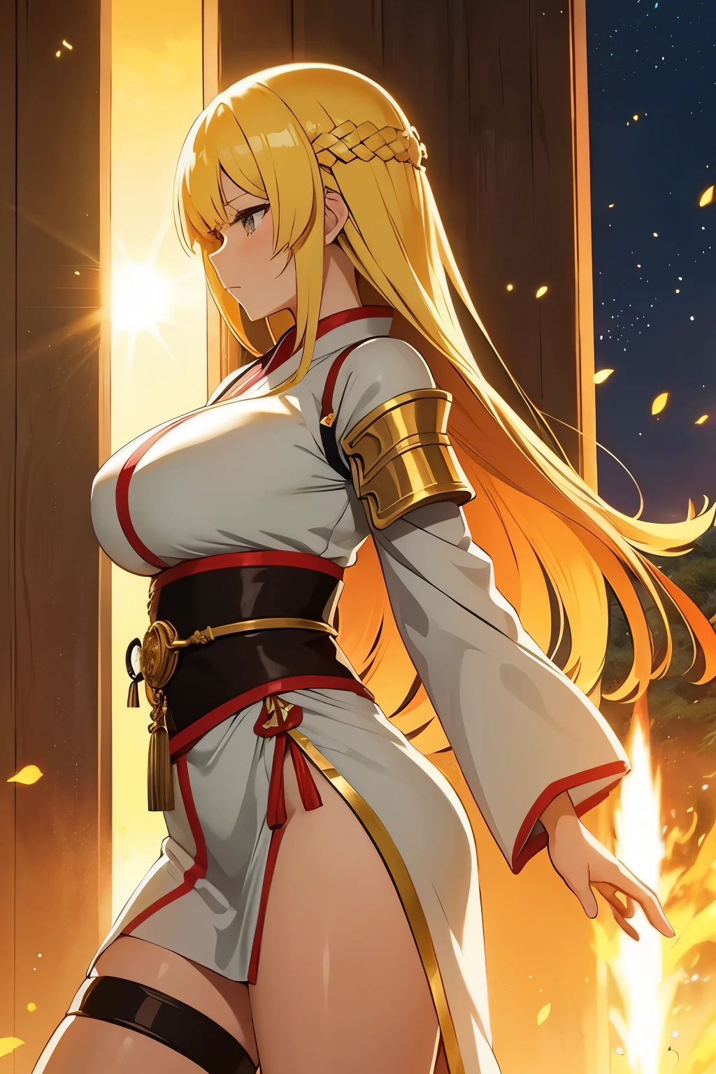 {anime girl}, {japanese clothes}, golden hair, shiny hair, beautiful, {fantasy}, adventurer, sun warrior, {sun powers}, fantasy outfit, {fighter}, {fighting outfit}, sexy clothes, big tits