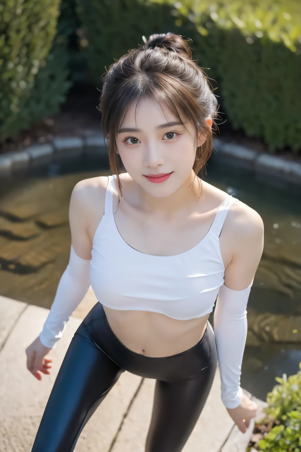 masterpiece, Best quality, Ultra-high resolution, High detail photos, Unity 8K Wallpaper, Extremely detailed CG:1.2), Depth of Field, Bokeh, (original photo:1.Realistic Photography:1.4), (1 Girl:1.5), young, Chinese Girl, whole body照, Physically based representation, fair, (Exquisite facial details:1.4, Detailed clothing, Tie your hair into a bun), (detailed:1.4) named (Hidemi Fukada:1.1) rest Cara hermosa, Depth of Field, Add layer, hyper-realistic, , Perfect body model, Perfect breasts, Height 165 cm, Strike sexy poses, whole body, whole body, Dancer body type, rest (White tight cropped top, Black leggings:1.3), (long hair:1.2), doble parpado rest garden, Smile, (from above:1.5), Stick your butt out, Turbulent posture, Nipple protrusion, Nipple protrusion, Nipple protrusion, Small seam recessed, , , Running Water, Running Water
