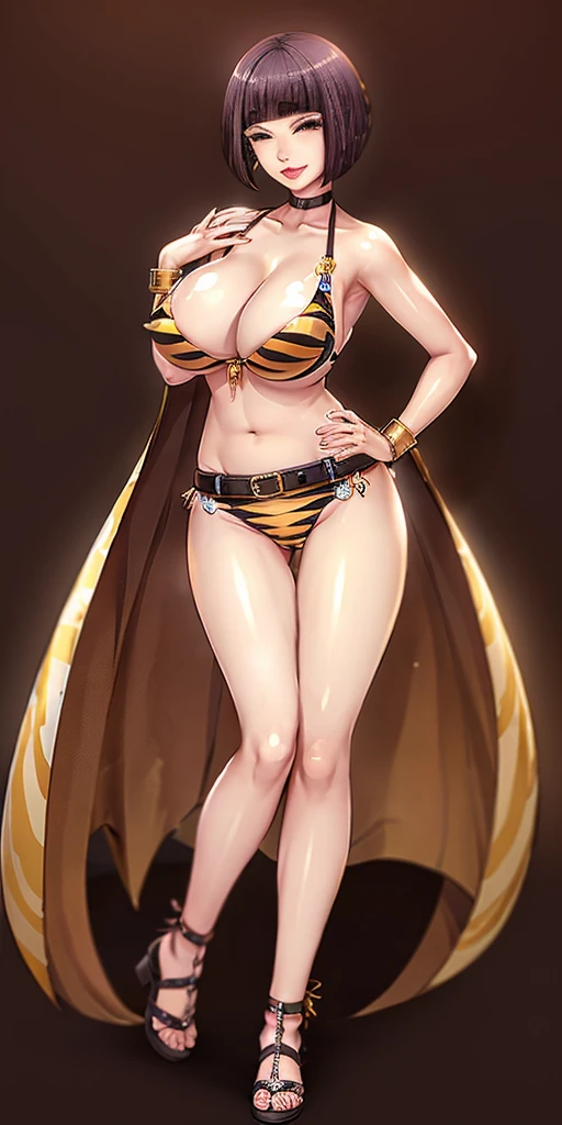 (Itsuki Shima) ((BLACK BACKGROUND 1:2, masterpiece)) 1solo female full body MILF BIMBO standing straight symmetrical with two long thighs and two metal sandals, red eyes like rubies, eye focus looking to the viewer, silver white hair, short bob style hair, big knockers breastplate, breastplate, cleavage, tiara royal, long cape up to two feet, yellow bikini (yellow tiger stripes), lustful smirking smiling, smile face (red blushed, red cheeks), pauldrons metal shoulders, gold sleeveless bracelets, separate sleeves, hands on waist hands OR hips, golden bracers, metal handcuffs, leather corset, red loincloth, black leather choker slave collar, shackles bracelets, slave red crest under navel, navel, big belt around waist OR hips, feet together, metal ankle, two long thighs and two metal sandals