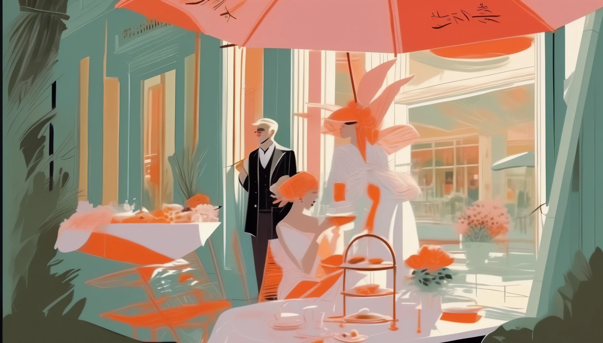 author:David Downton, A fashionable couple is having afternoon tea under a huge parasol outside the store,best quality, masterpiece, 8k,