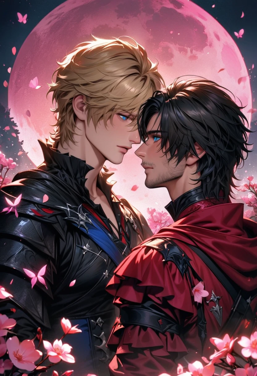 absurdres, highres, ultra detailed, HDR, master piece, best quality, Clive Rosfield, black hair, expressive blue eyes, Final Fantasy XVI, Joshua Rosfield, blond hair, expressive blue eyes, 2men together, gay couple, handsome, pink petals, pink butterflies, pink flowers, pink butterflies, blossoms