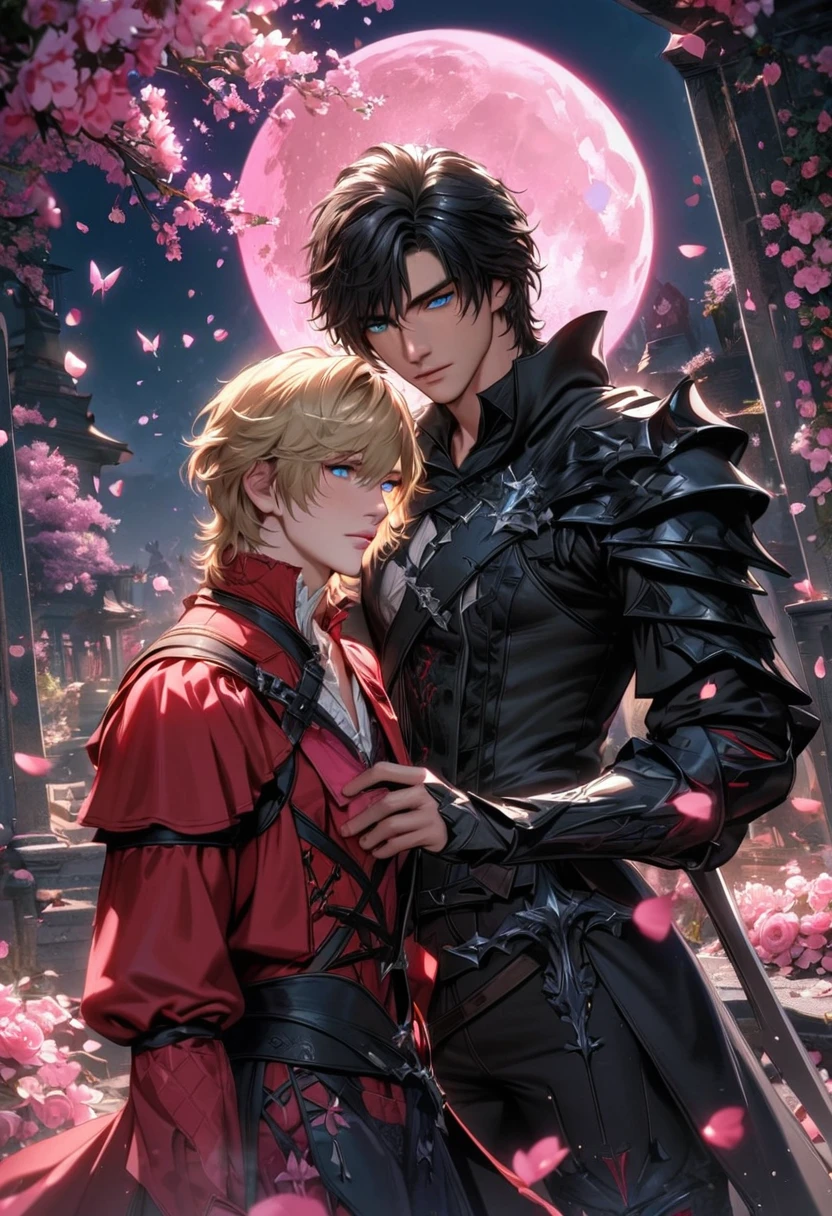 absurdres, highres, ultra detailed, HDR, master piece, best quality, Clive Rosfield, black hair, expressive blue eyes, Final Fantasy XVI, Joshua Rosfield, blond hair, expressive blue eyes, 2men together, gay, handsome, black and red clothes, pink petals, pink moon, pink flowers, pink butterflies, blossoms