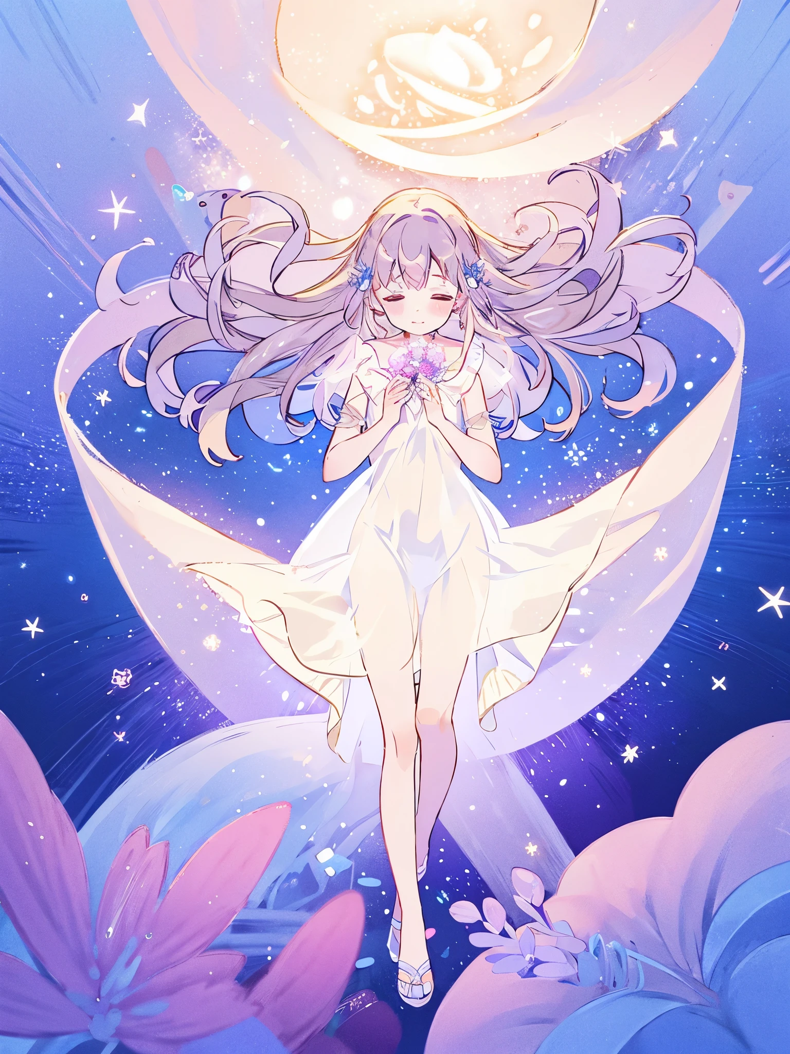 complex background, wishing star background, a woman wearing an ethereal mystical pink translucent dress that reflects the stars, perfume promo art, mystic, complex drawing, highly detailed, Covergirl brand, promo art, artistic rendition, ethereal, starry night, midjourney style