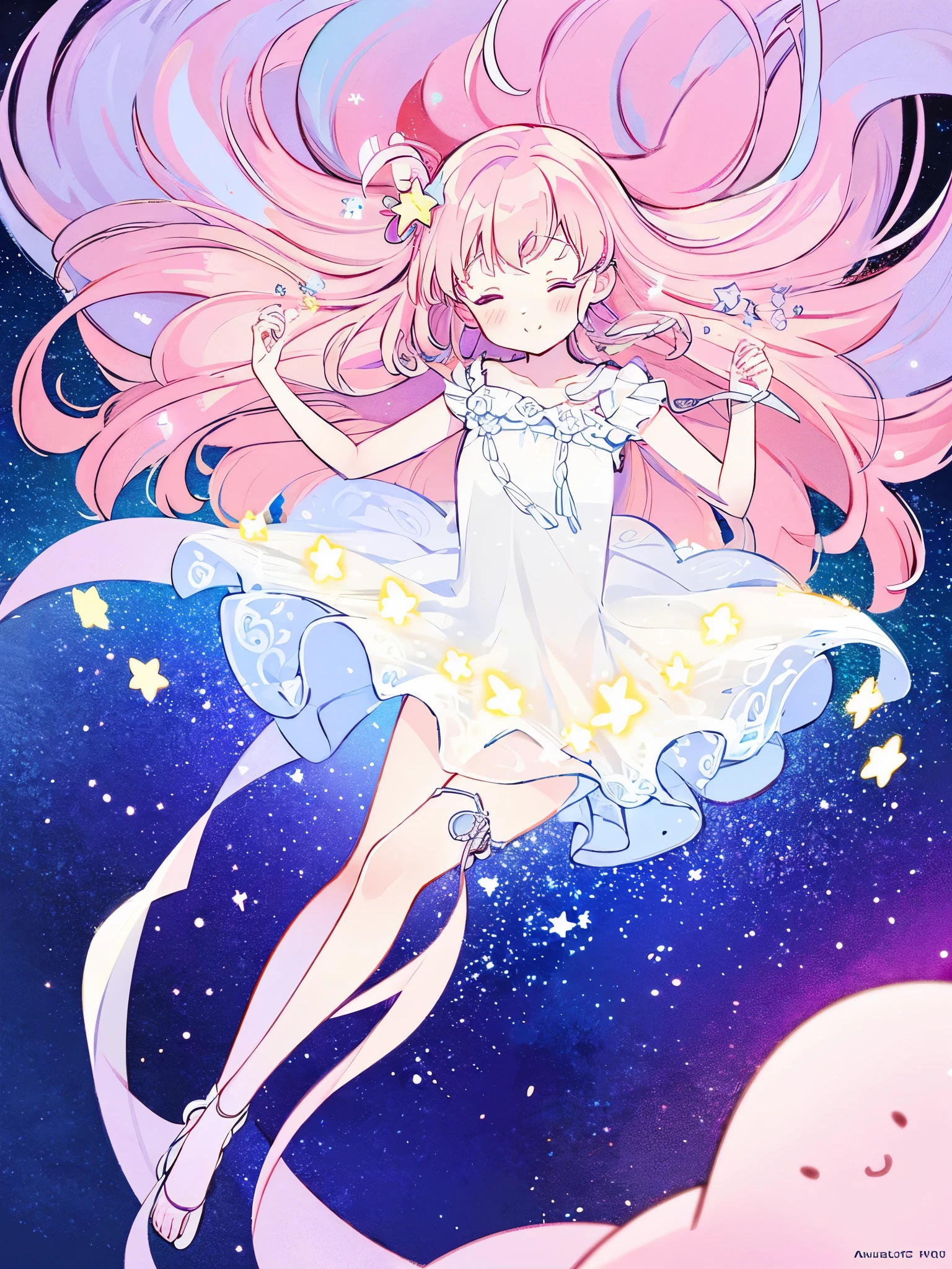 complex background, wishing star background, a woman wearing an ethereal mystical pink translucent dress that reflects the stars, perfume promo art, mystic, complex drawing, highly detailed, Covergirl brand, promo art, artistic rendition, ethereal, starry night, midjourney style