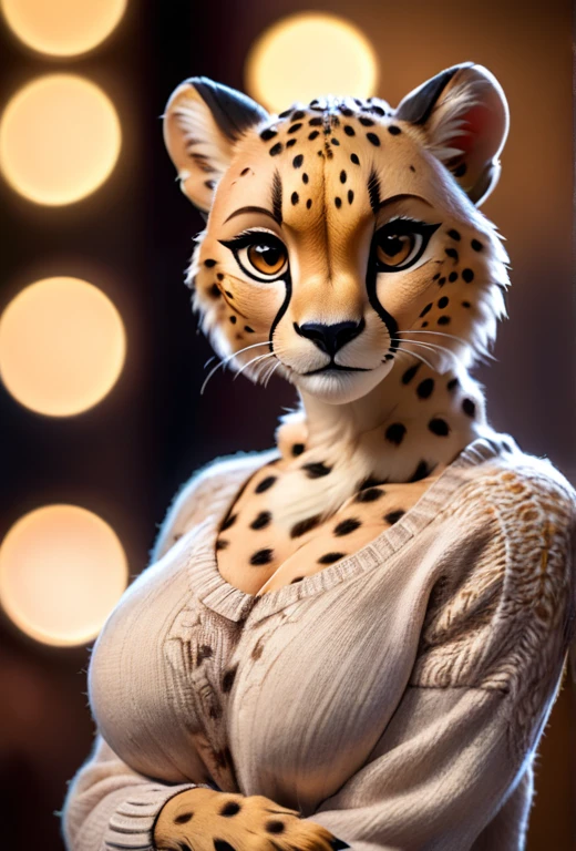 Closeup of an anthro furry cheetah female wearing a wool sweater, large breasts, paws, paw pads towards viewer, high quality photography, 3 point lighting, flash with softbox, 4k, Canon EOS R3, hdr, smooth, sharp focus, high resolution, award winning photo, 80mm, f2.8, bokeh