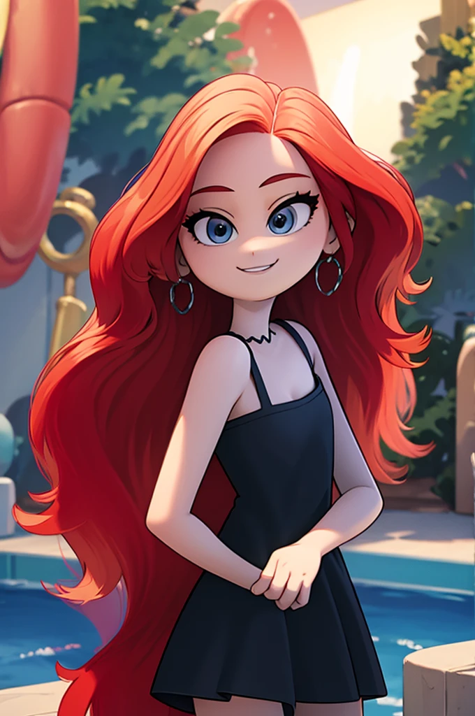 ruby, 1 girl, Teenage, Long Red hair, Medium Hair, Blue eyes, bare shoulders, little black dress, short black dress, skin-tight dress, cleavage, standing up, Smile, outside, swimming pool, sunset, sunset skies, Sexy, masterpiece, High quality. 2D illustration, 2D flat, Masterpiece, close up, 8K, HDR, portrait, arms at sides, cowboy shot