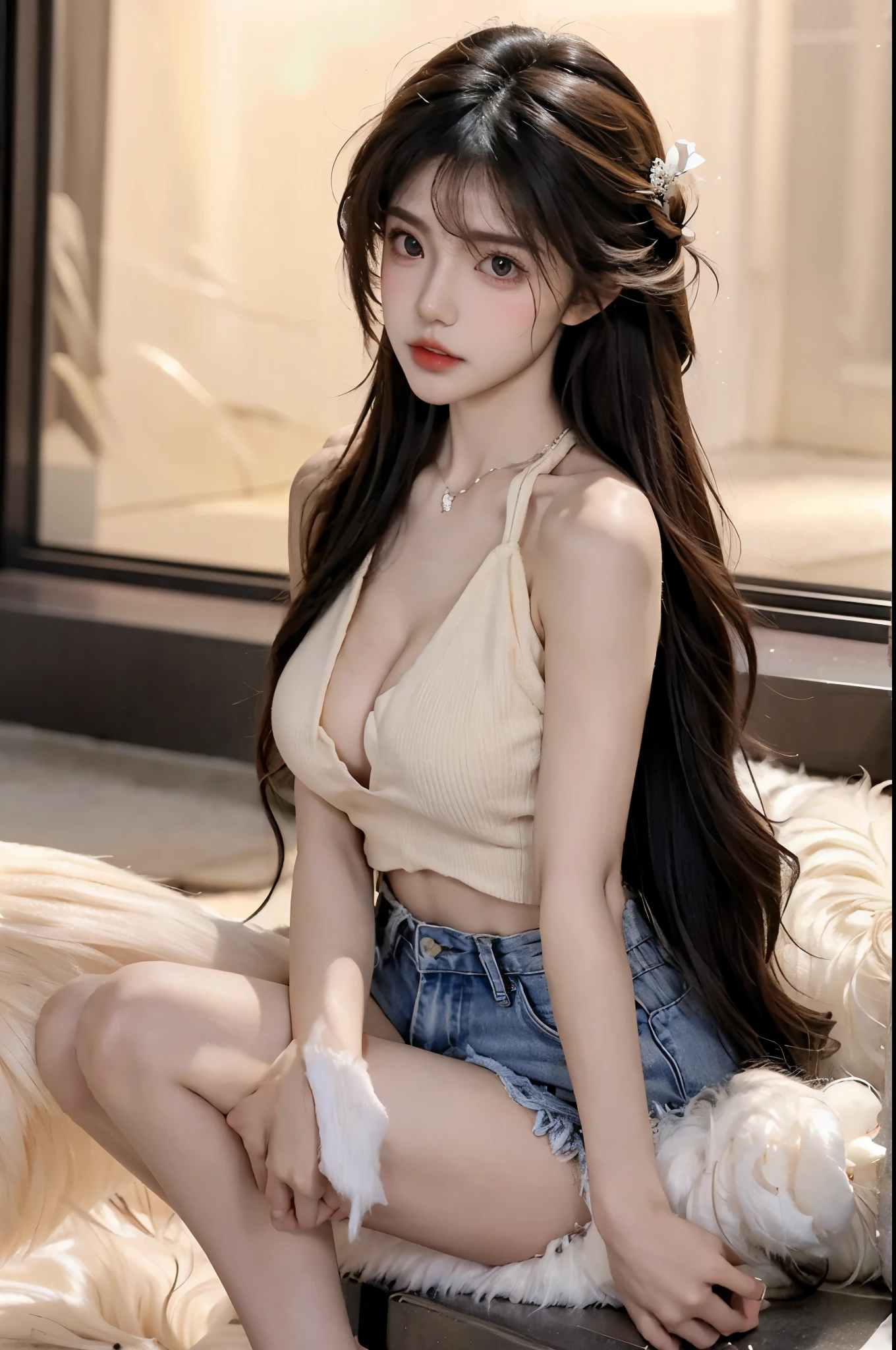 Beautiful woman with perfect body:1.4,Layered Hairstyle,Prominent cleavage,Highly detailed face and skin textures,Double eyelids,Skin Whitening,Long hair,Whitened long legs,Red tank top