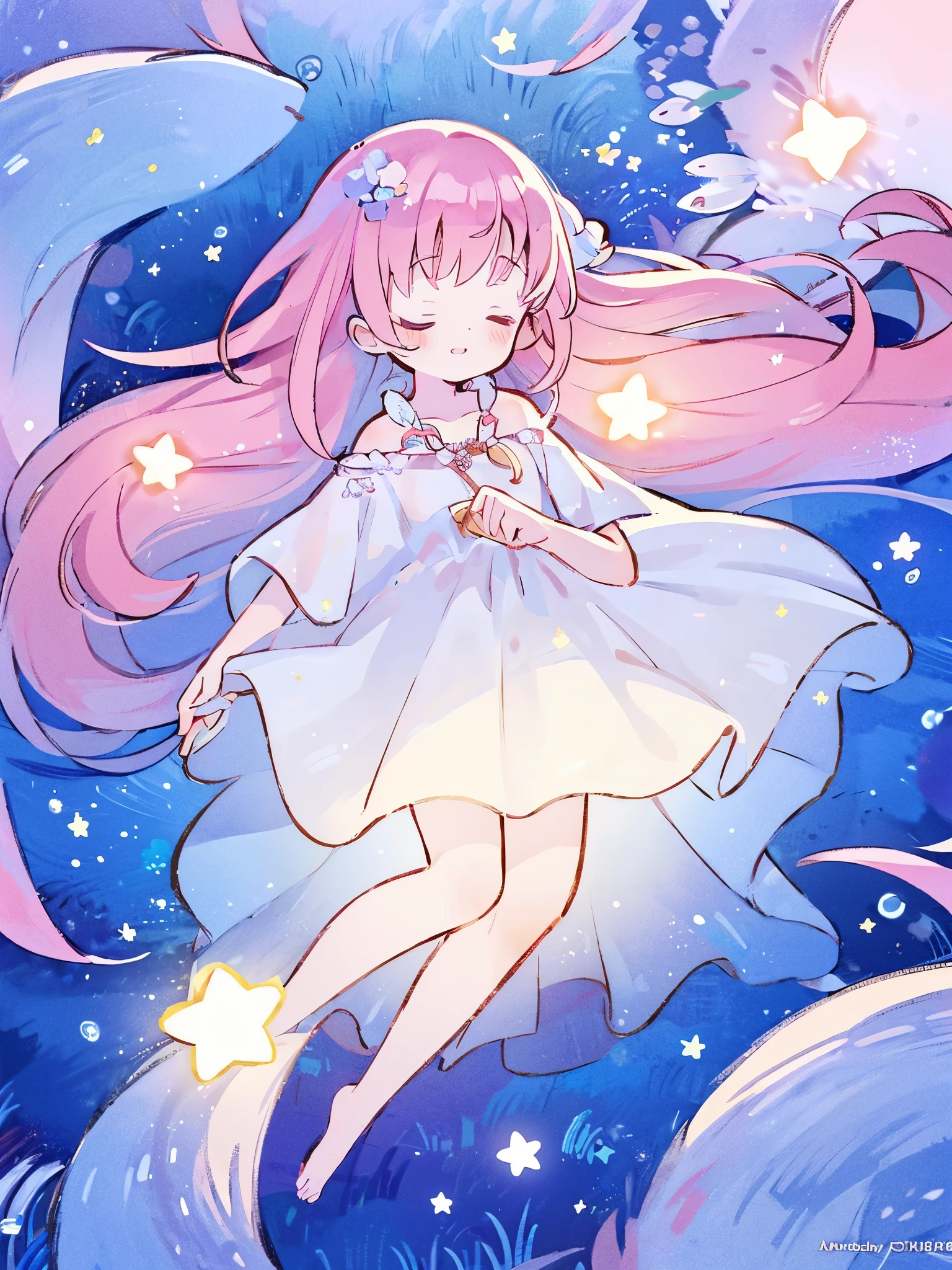 complex background, wishing star background, a woman wearing an ethereal mystical pink translucent dress that reflects the stars, perfume promo art, mystic, complex drawing, highly detailed, Covergirl brand, promo art, artistic rendition, ethereal, starry night, midjourney style