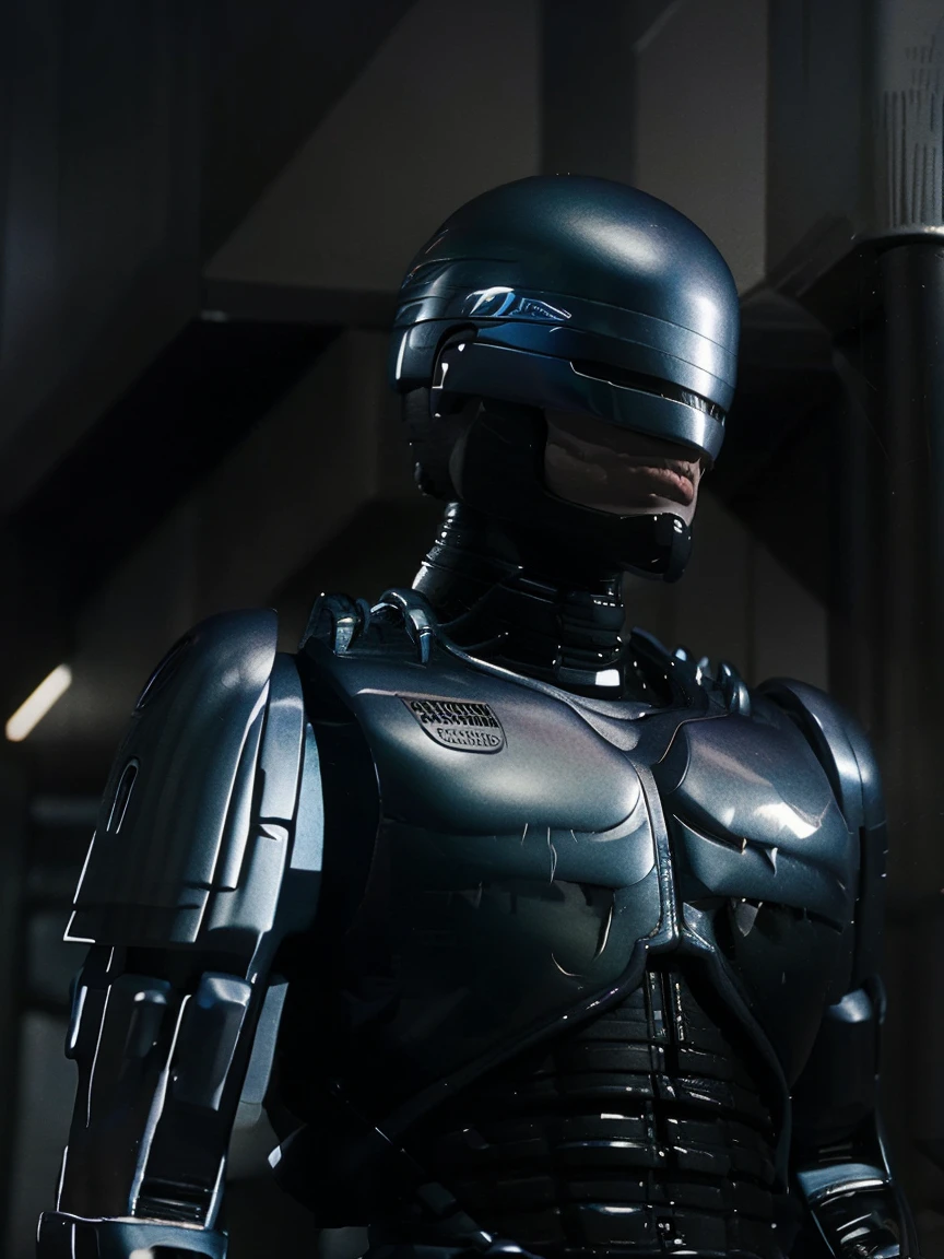 An amazing artwork of Robocop, 1980's style, retrowave, masterpiece, high quality, best quality, ultra detailed, 16K CGI, better artstyle, epic, city behind him, night sky, city lights,