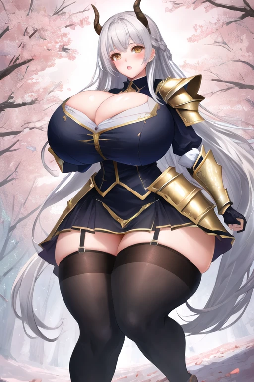 masterpiece, best quality, 4K picture quality, 1girl, forest, white hair, long hair, golden eyes, cute, blushing, horny, (silver and gold knight armor:1.2), skirt, thigh highs, (curvy, slim waist, huge breasts, bursting breasts, bottomheavy, gigantic ass, insanely wide hips, gigantic thighs:1.1)
