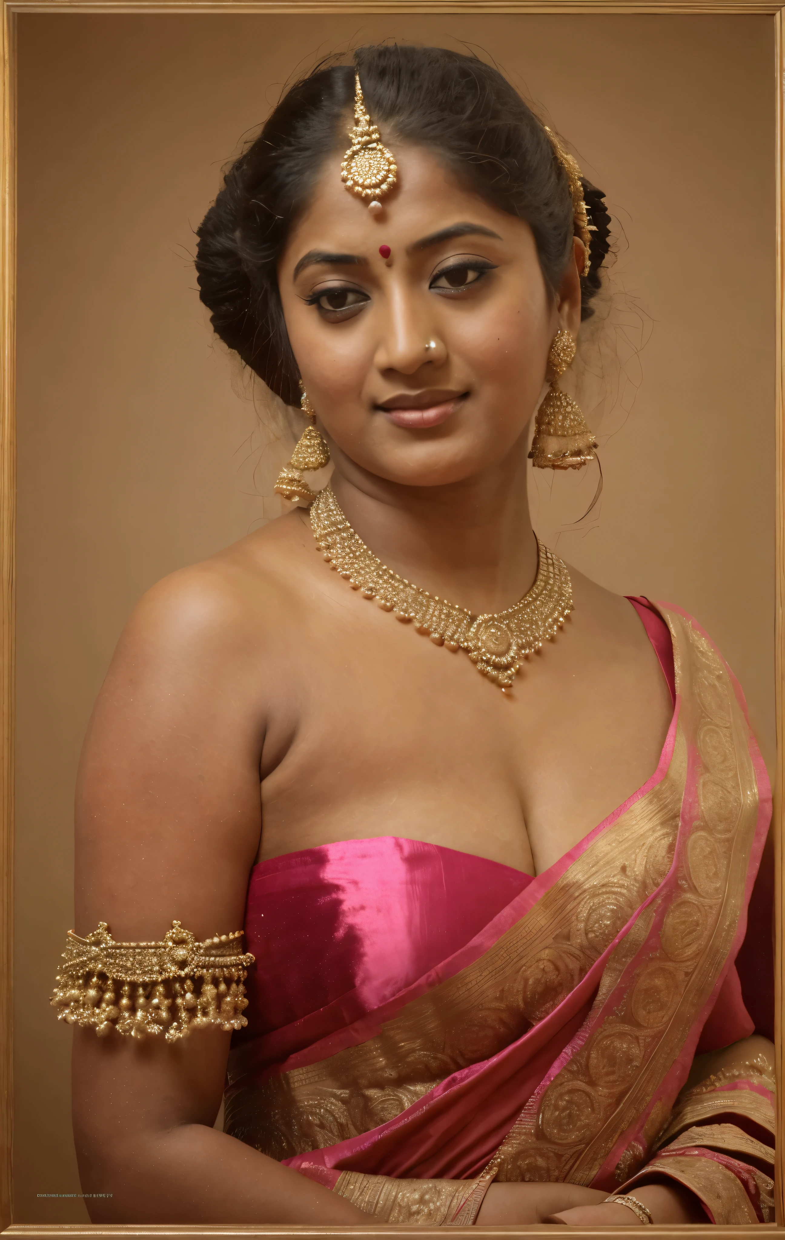 arafed woman in a pink sari, looks like Sandeepa Dhar, thick figure, curvy, traditional beauty, hindu aesthetic, assamese aesthetic, traditional makeup, indian goddess, indian girl with brown skin, wearing bihu dress mekhela sador, indian style, indian, gorgeous woman, south east asian with round face, a stunning portrait of a goddess, beautiful himalayan woman, beautymarks,