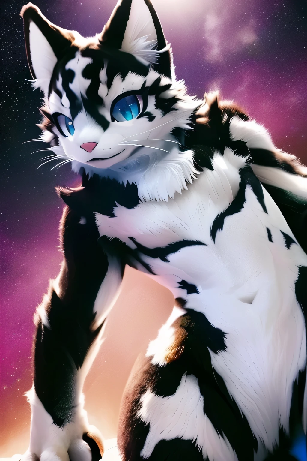 (Masterpiece: 1.1), ultra-detailed, otherworldly space feline, Fera espacial felino --s2, (Realistic, photo-realistic: 1.5), mesmerizing eyes with a vivid green glow, elegant feline ears and long whiskers, (Spotted fur: 1.3), (Detailed paws with retractable claws: 1.4), (Chiseled facial features: 1.2), sleek and muscular body, (Hovering above a nebulous planet: 1.3), surrealistic background with swirling colors, (Perfectly lit by the faint light of a distant star: