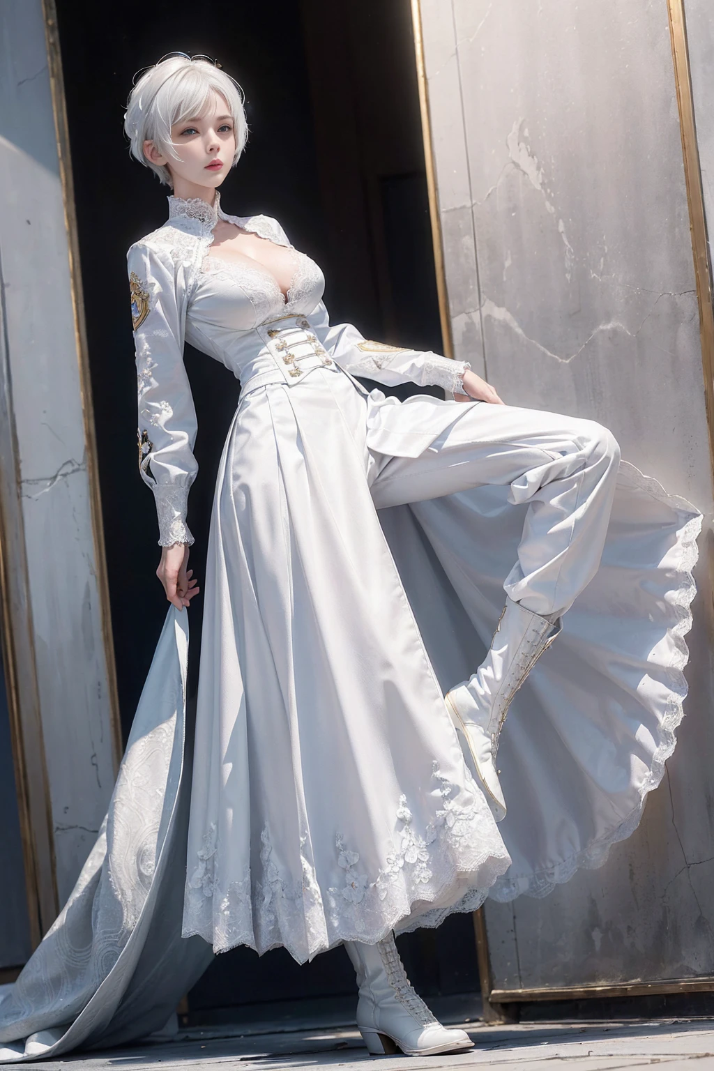((1 Full body single woman)) ,(Shooting from front and middle), looking at the camera, centered image, tmasterpiece，A high resolution, Absolutely beautiful, facing to the camera, Tall and fit body，(big breast : 1.3), white short hair with updo, (full coverage white lace uniform, Embroidery uniform, decorated uniform and pants, Exquisite details of the uniform and pants, white lace stockings, warrior, white gloves, show white boots, (lace) uniform, allure：white hair, short hair (hair behind the body), young adult,（Tall：1.5），Rich scene detail，In the midst of the war，standing.