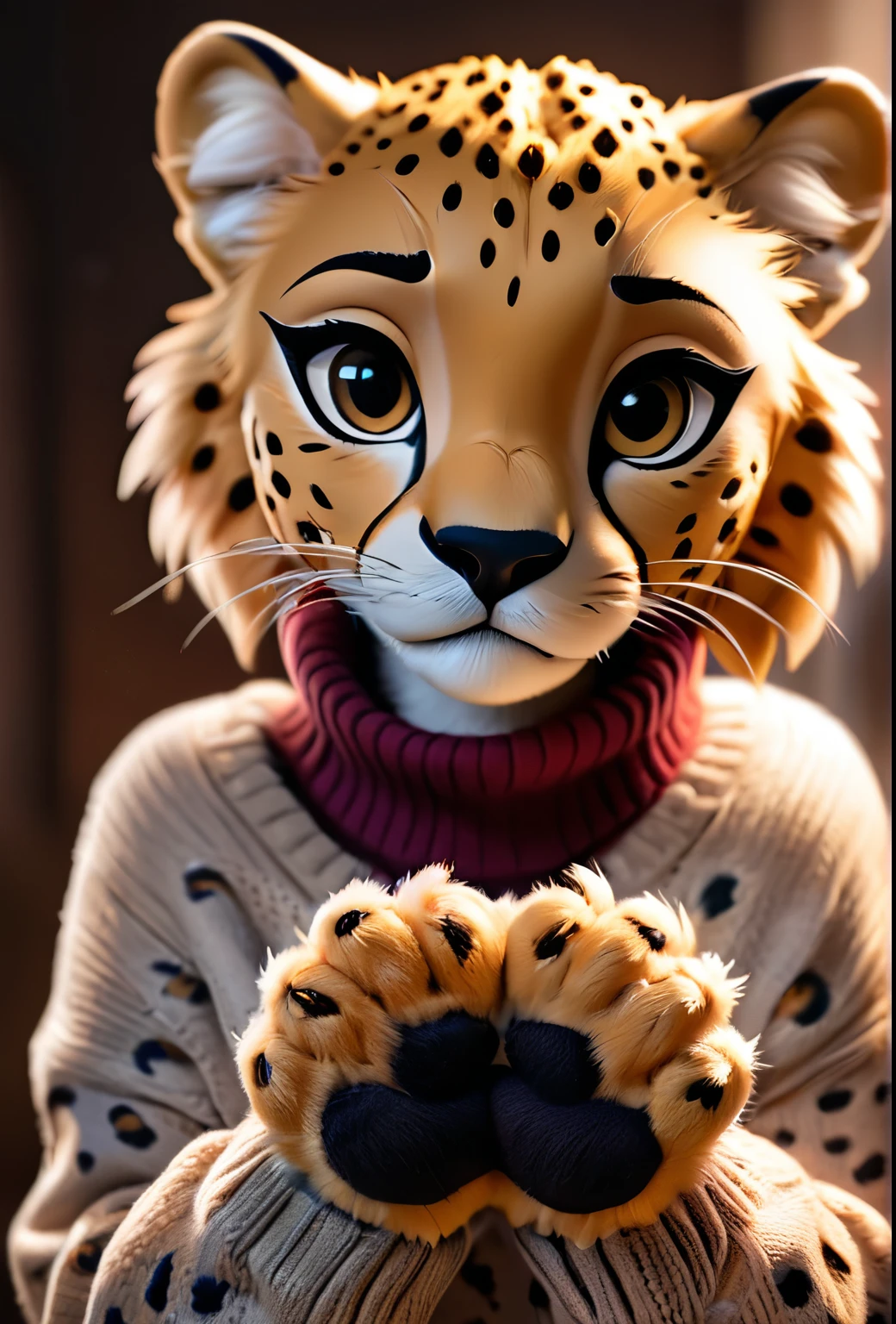 Closeup of an anthro furry cheetah female wearing a wool sweater, paws, paw pads towards viewer, high quality photography, 3 point lighting, flash with softbox, 4k, Canon EOS R3, hdr, smooth, sharp focus, high resolution, award winning photo, 80mm, f2.8, bokeh