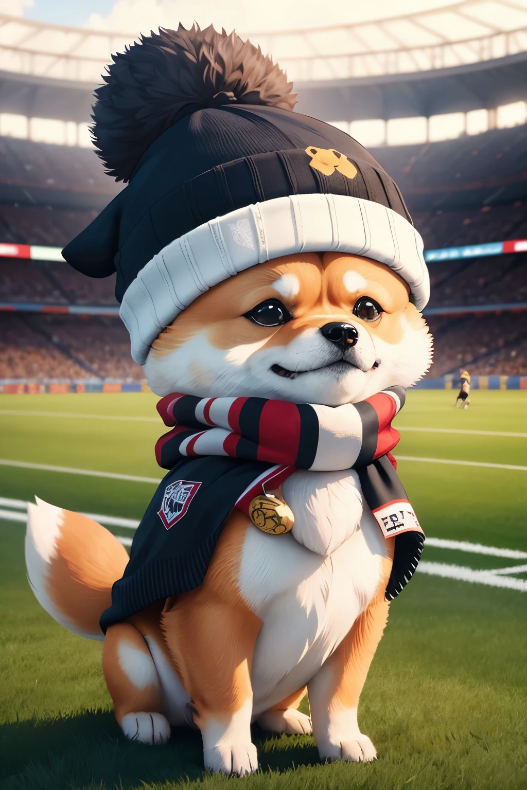 anime character with a beanie hat and scarf on a sticker, big beanie hat, bigger hat, wholesome digital art, anthropomorphic shiba inu, doge meme, inspired by Shiba Kōkan, doge, awwwww, wholesome, shiba inu, lofi art, many dogs are playing soccer in a large stadium, with many people watching, dogs play soccer, dogs play football