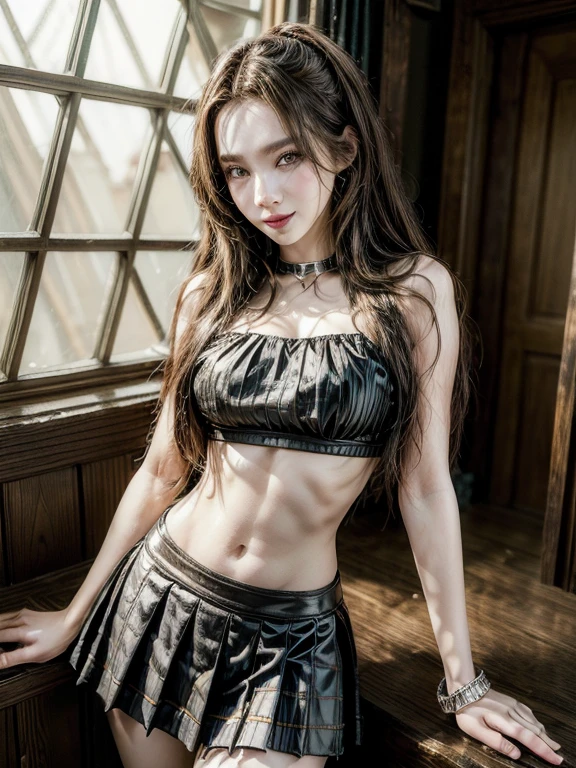 "((top-quality)), ((tmasterpiece)), (detaileds: 1.4), , The sexy and charming pirate woman smiled mischievously, Sexy Midriff, Slim waist, epaulette, , pleated mini skirt, sharp detailed, 
