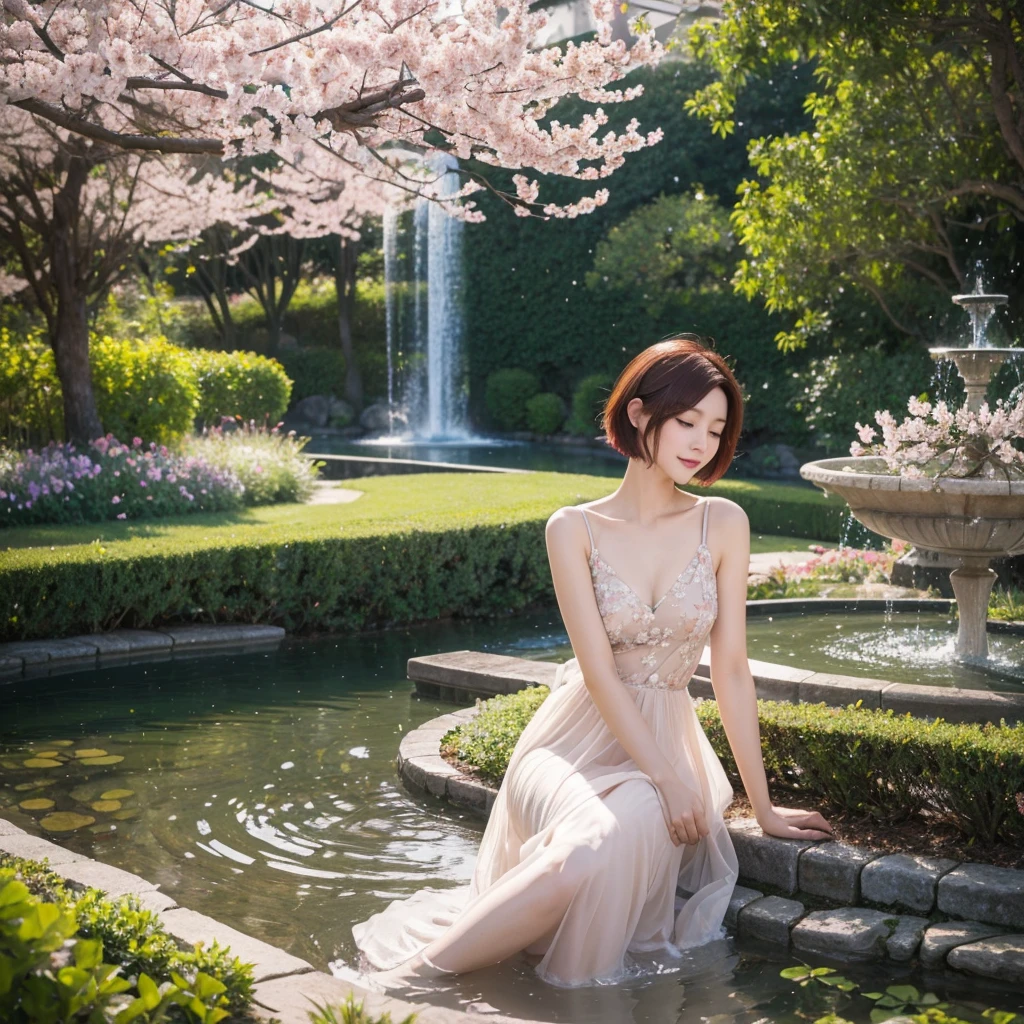 beautiful Asian, short red hair, elegant dress, graceful pose, soft lighting, pastel colors, fine brushwork, dreamy atmosphere, serene expression, delicate features, subtle smile, intricate floral patterns, enchanting garden, floating cherry blossoms, tranquil water fountain, peaceful ambiance. (best quality,highres),ultra-detailed, HDR, impressionistic style, vibrant hues.