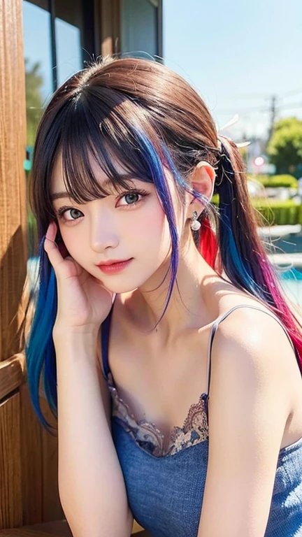 Small face、 (alone:1.5,)Very detailed,Bright colors, Very beautiful detailed anime faces and eyes, Look straight ahead, Shiny_skin,girl, (((Rainbow Hair, Colorful Hair, Half red、half blue hair: 1.2))), 、Shiny hair, Delicate beautiful face, blush、Glasses、(Turquoise Eyes), , Valletta, Earrings,、Flower Garden、Sunset、(((See-through、sexy、Lace camisole、Brown、,Translucent shirt)))、(Twin tails)、smile、Happy Face、face dyed red、Cheerful pose、dynamic、