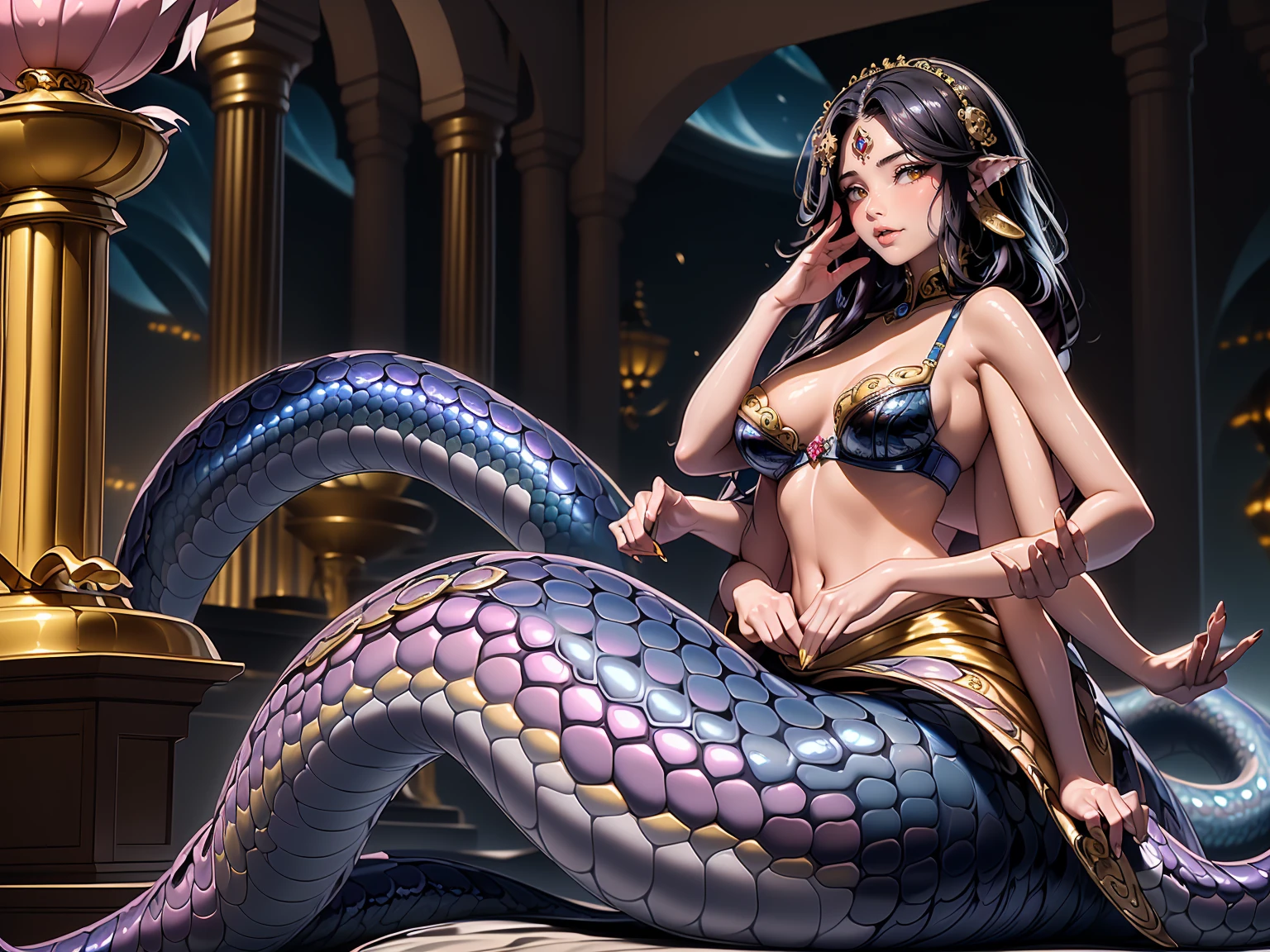 (lamia), (monster girl) , detailed snake skin, (detailed scales skin), (Elongated snake tail:1.3), blue tail, blue scales, ((Solo)), ((Masterpiece)) ,((High Quality)), ((Perfect Face)) ,((Beautiful)) ,((Round face)), ((Middle aged)) ,((black hair)) ,((Long Hair)) ,((Cute Nose)) ,((yellow Eyes)) ,((Dark Skin)) ,((bra)), ((pelvic curtains)) ,((Full lips)) ,Curvy figure, ExtraArms, extra arms, hand in hair, hand on own chest, hand on own face, indoors, bedroom, sitting, laying, arabian architecture, arches, curtains, hookah, pink smoke, pink fog, cowboy shot,