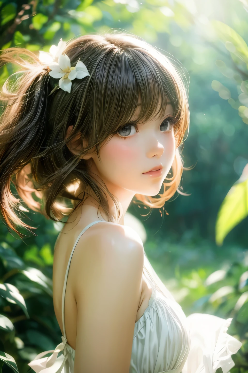 A fairytale-like background、1 pretty girl、Hair swaying in the wind、White Dress、sunlight filtering through the foliage、Anime Style