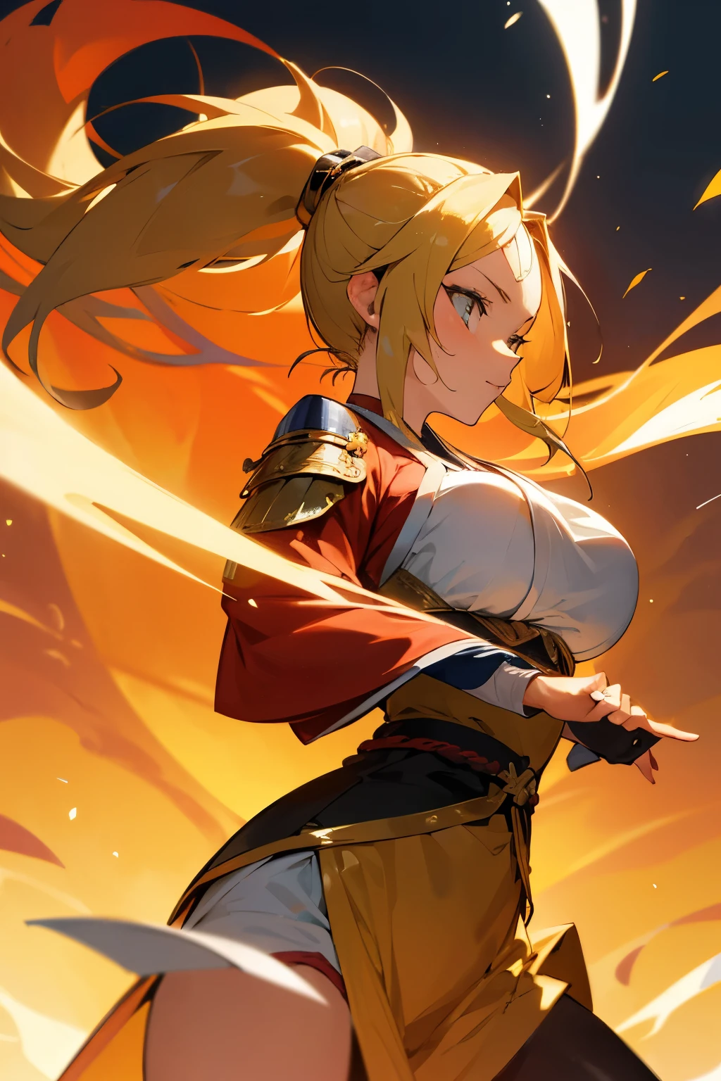 {anime girl}, {japanese clothes}, golden hair, ponytail, shiny hair, beautiful, {fantasy}, adventurer, sun warrior, {sun powers}, fantasy outfit, {fighter}, {fighting outfit}, sexy clothes, big tits